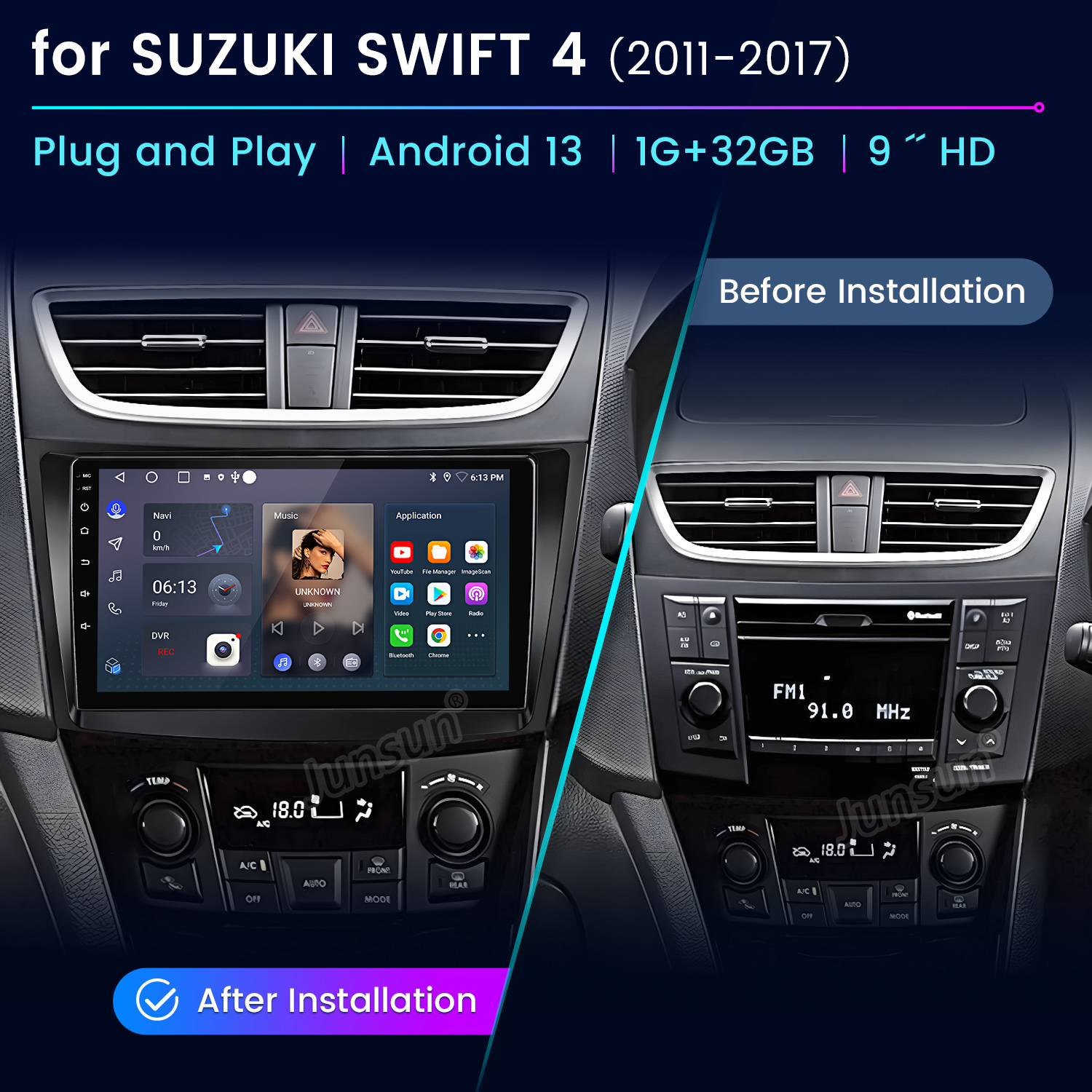 Instalacja systemu stereo w samochodzie. Obrazek przedstawia instalację przed i po z tekstem.