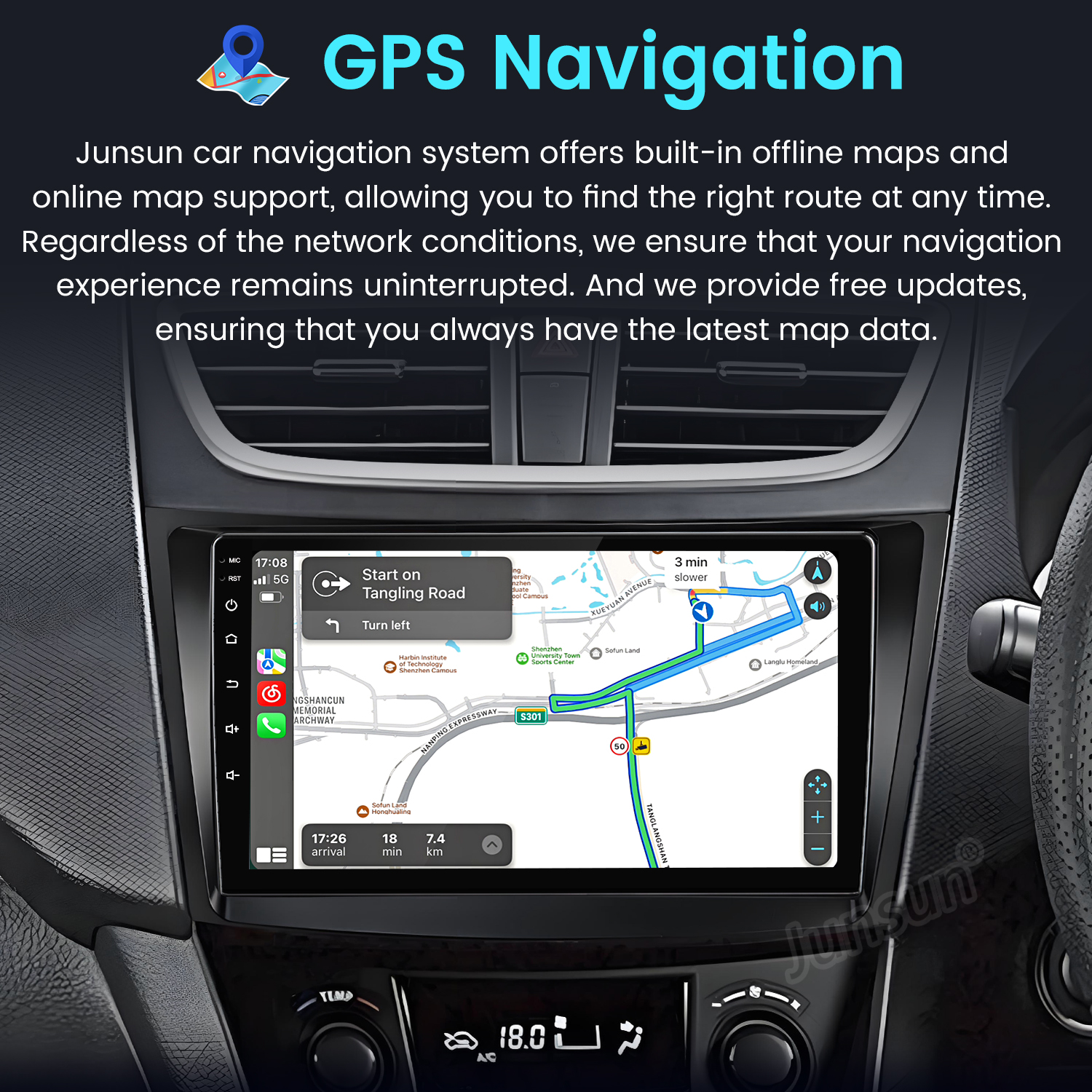 Ekran systemu nawigacji samochodowej wyświetlający mapę i instrukcje z nakładką tekstową.