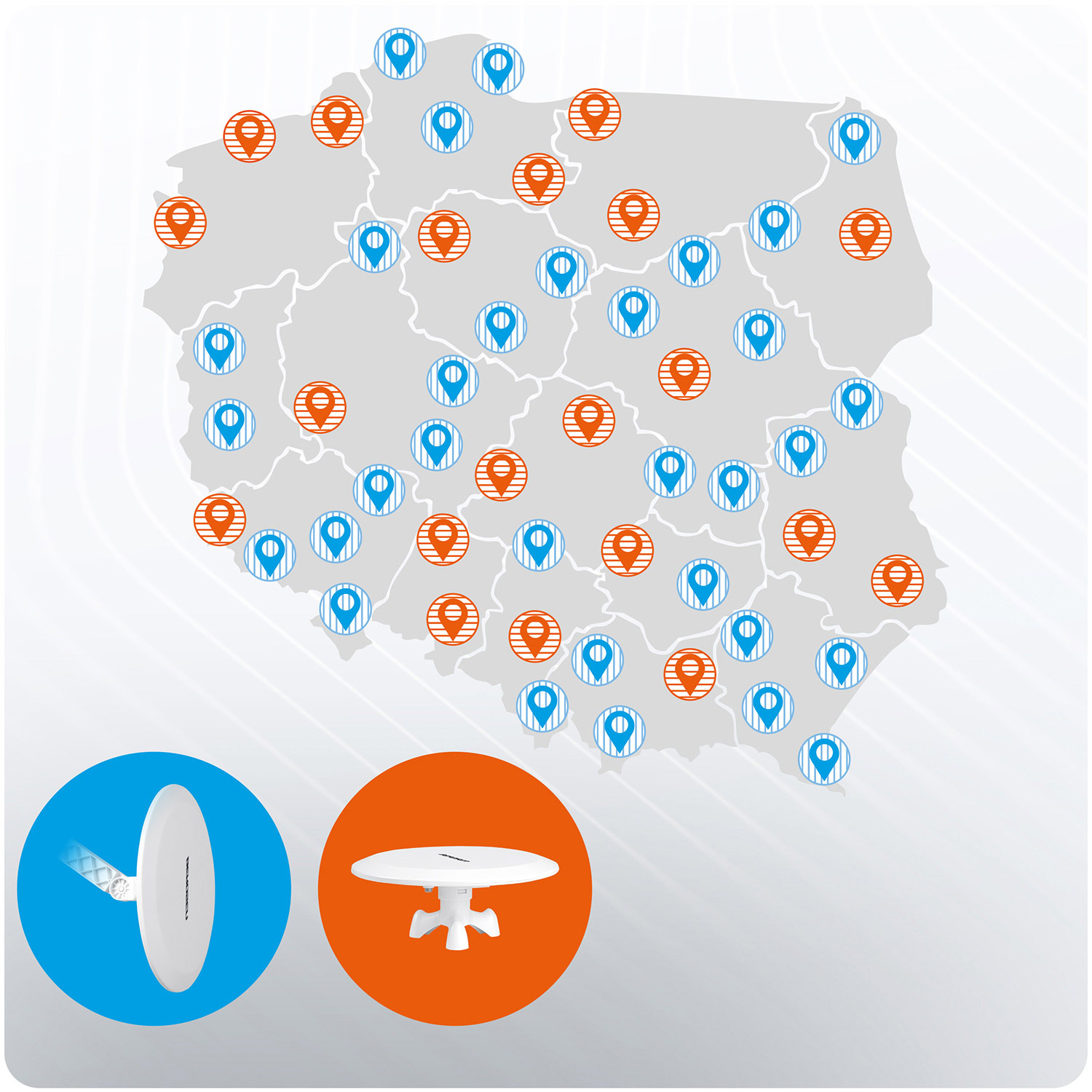 Mapa Polski z niebieskimi i pomarańczowymi znacznikami lokalizacji oraz dwiema okrągłymi ikonami na dole.