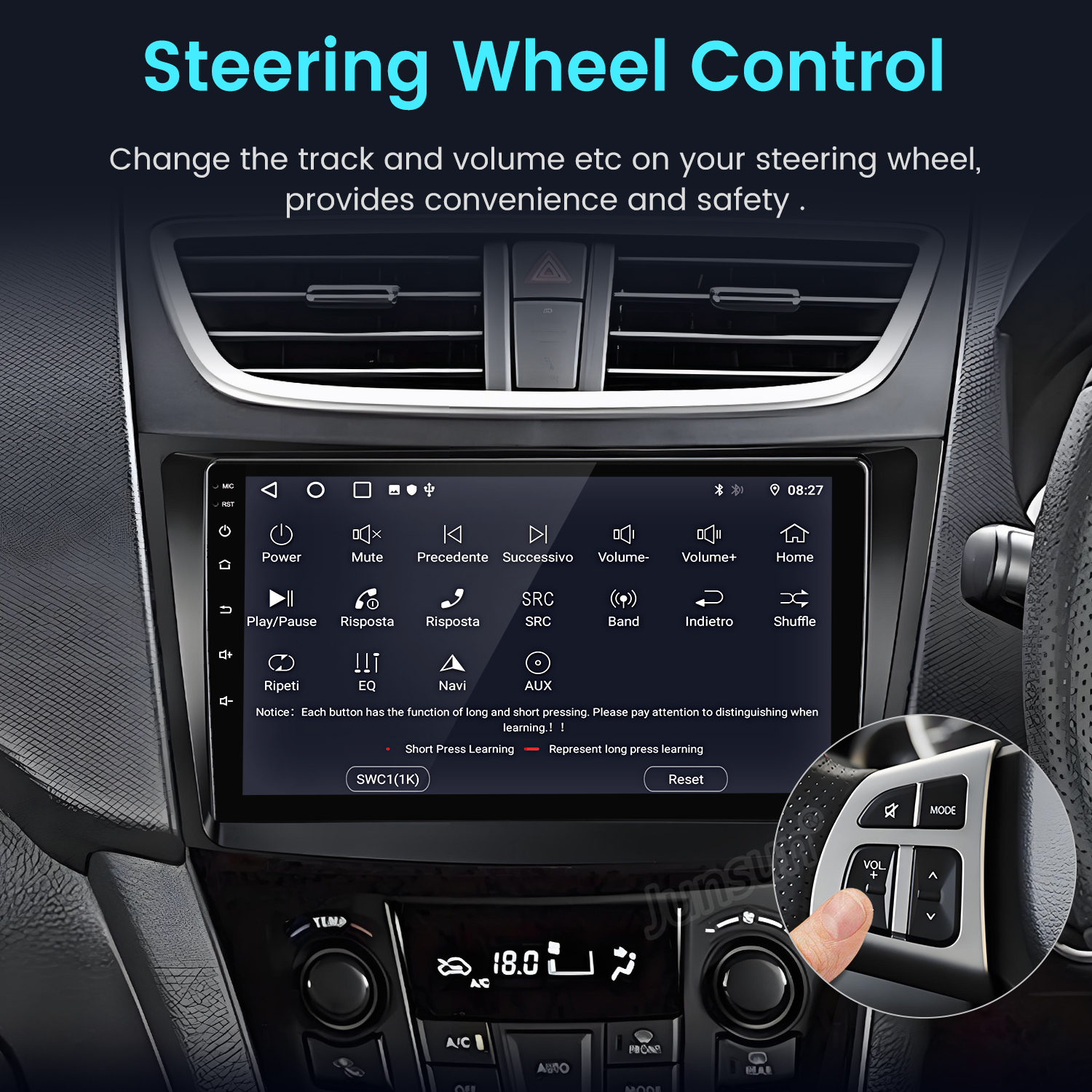 Ekran radia samochodowego. Elementy sterujące obejmują głośność, zmianę ścieżki i inne funkcje. Sterowanie kierownicą.