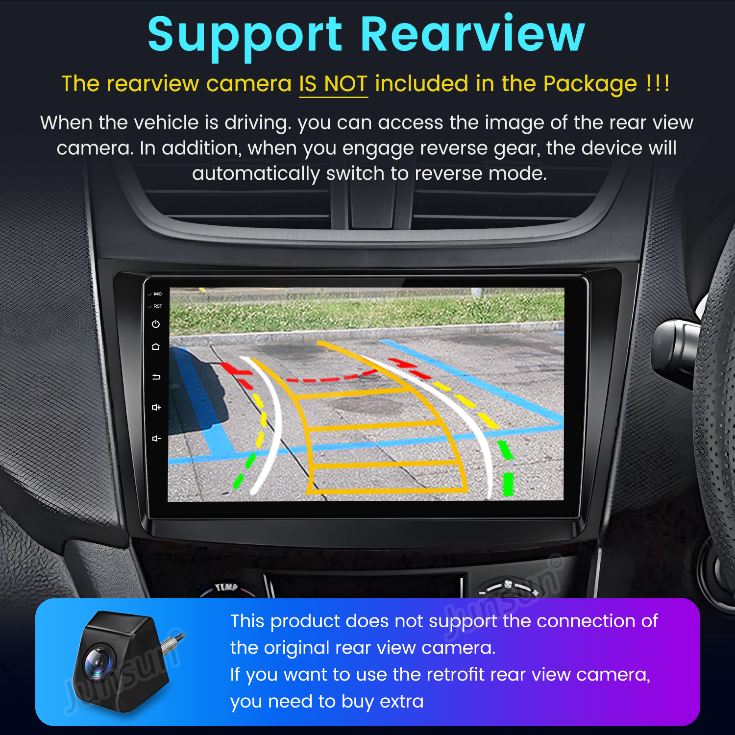 Deska rozdzielcza samochodu z ekranem wyświetlającym widok z tyłu. Tekst ostrzega, że kamera cofania nie jest dołączona.