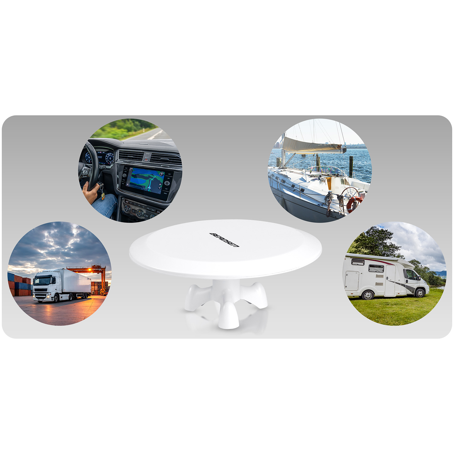 Biała antena satelitarna z pojazdami w okrągłych wstawkach: samochód, łódź, ciężarówka, kamper, na szarym tle.