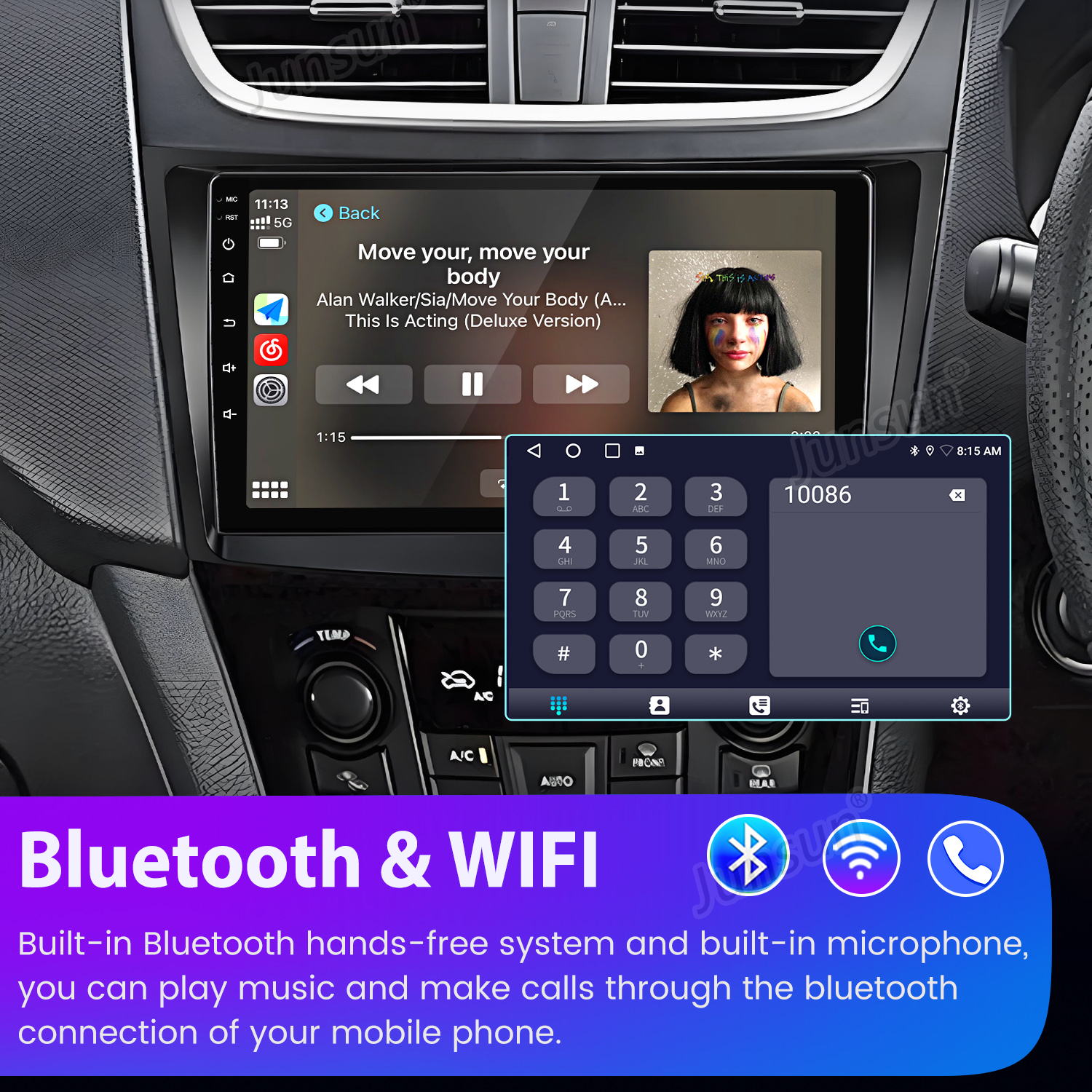 Deska rozdzielcza samochodu z ekranem odtwarzającym muzykę i pokazującym dialer telefoniczny. Ikony Bluetooth i Wi-Fi na dole.