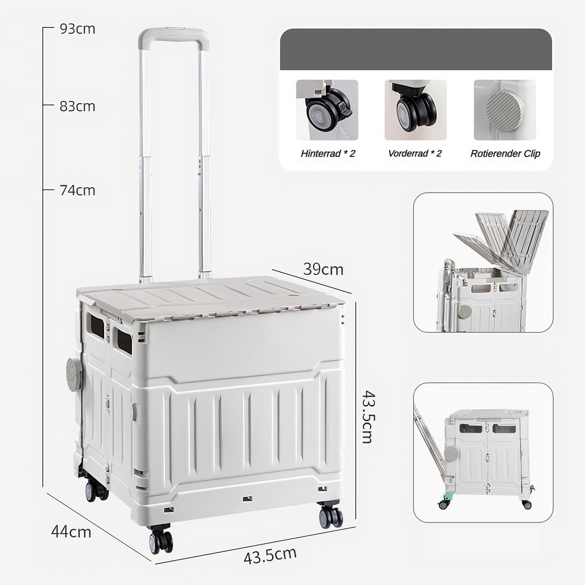 Ein weißer, zusammenklappbarer Einkaufswagen mit Abmessungen und Diagrammen. Weißer Hintergrund.