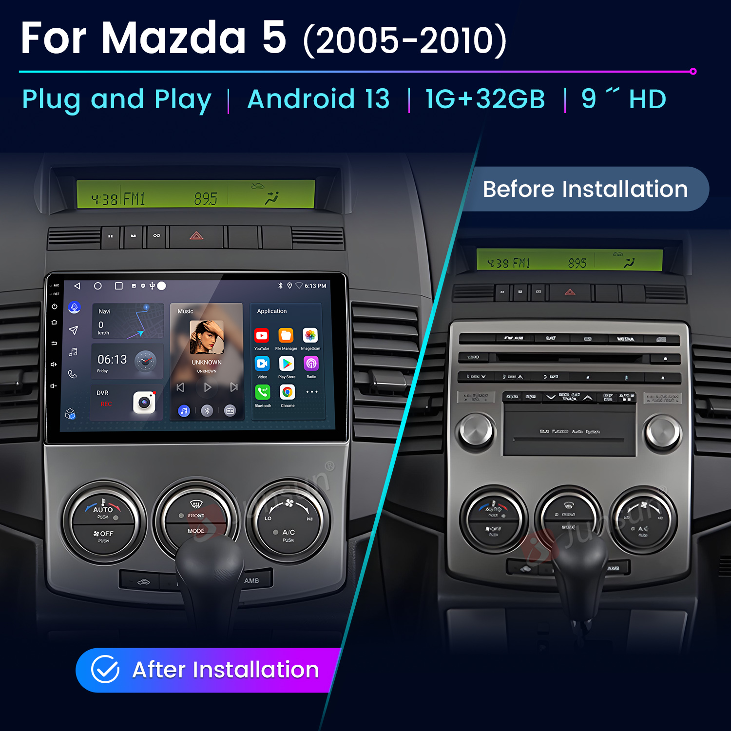 Deska rozdzielcza samochodu przed i po instalacji nowego systemu Android, pokazująca ekran z aplikacjami i elementami sterującymi.