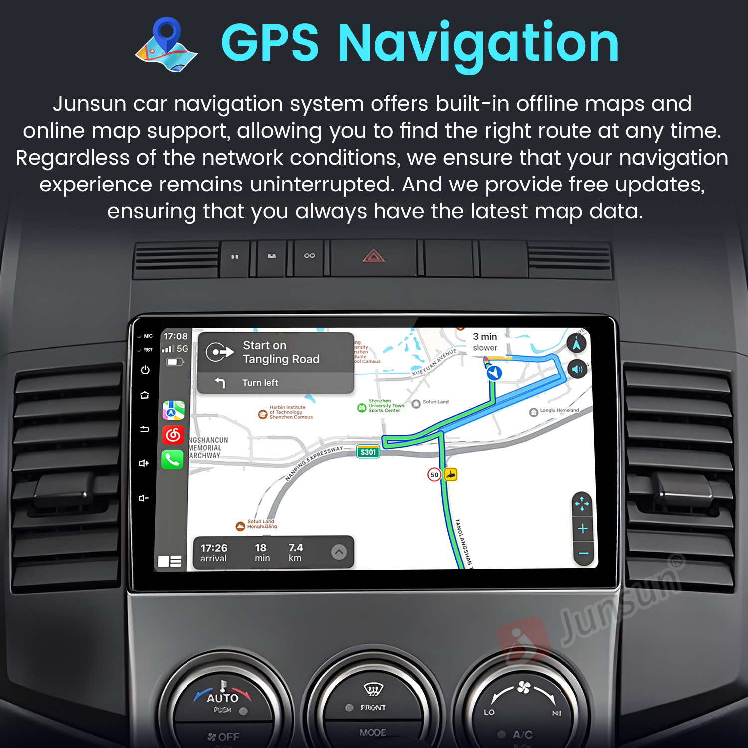 Ekran nawigacji samochodowej pokazujący mapę z trasą. Ekran znajduje się w desce rozdzielczej samochodu.