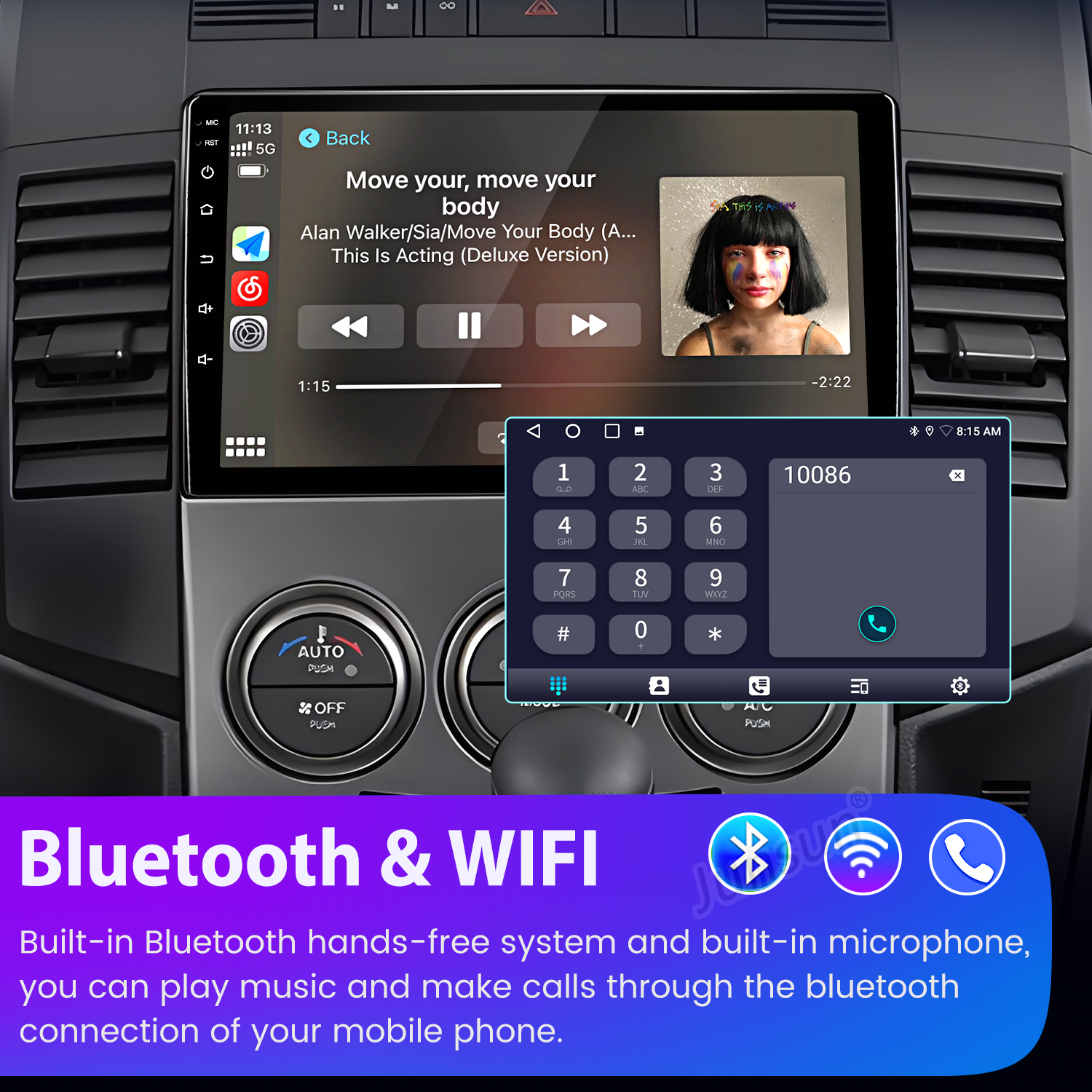 Ekran radia samochodowego pokazujący aplikację muzyczną, dialer telefoniczny i inne funkcje. Pokazane są ikony Bluetooth i WiFi.