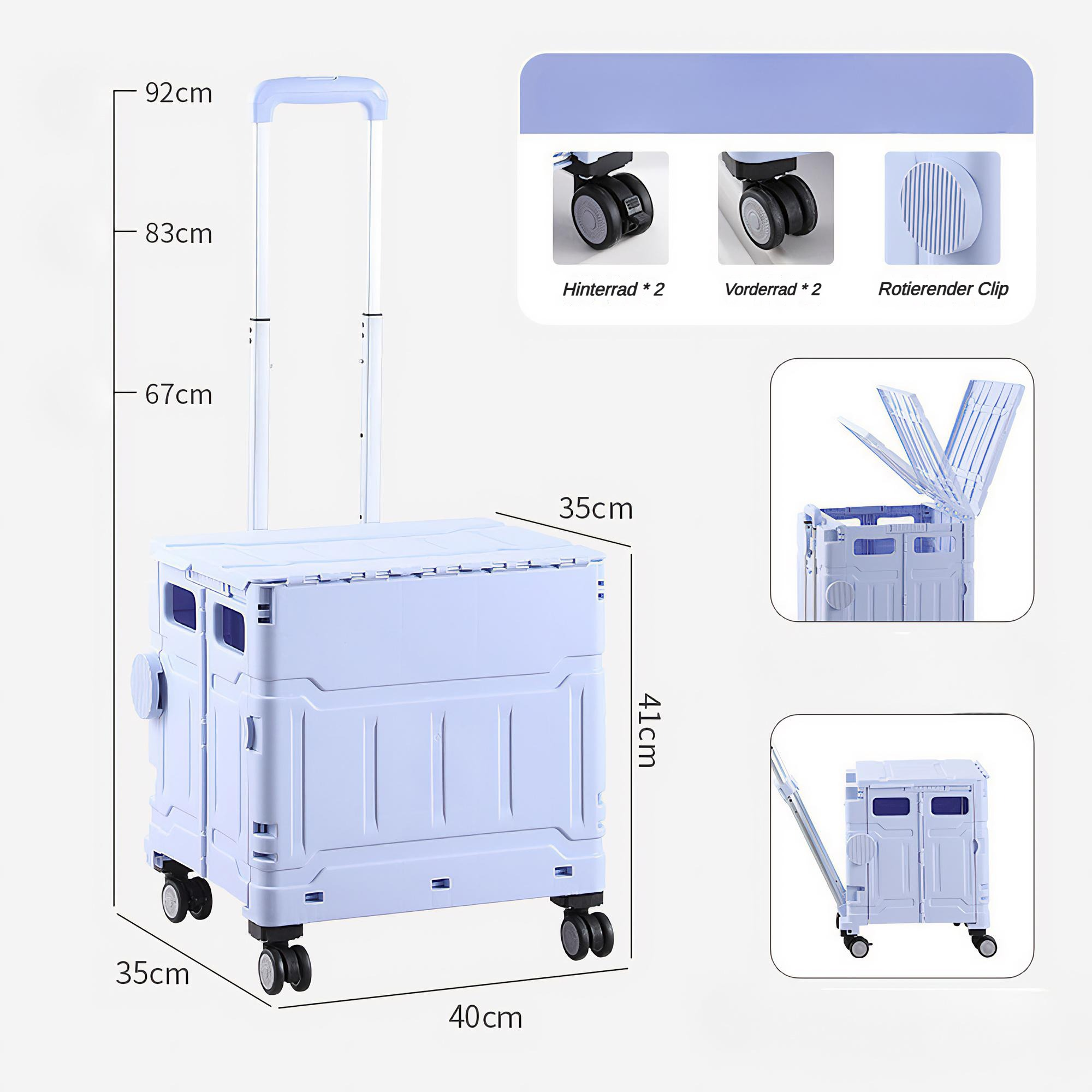 Ein weißer, zusammenklappbarer Einkaufswagen mit beschrifteten Abmessungen. Mit Griff, Rädern und Klappdesign.