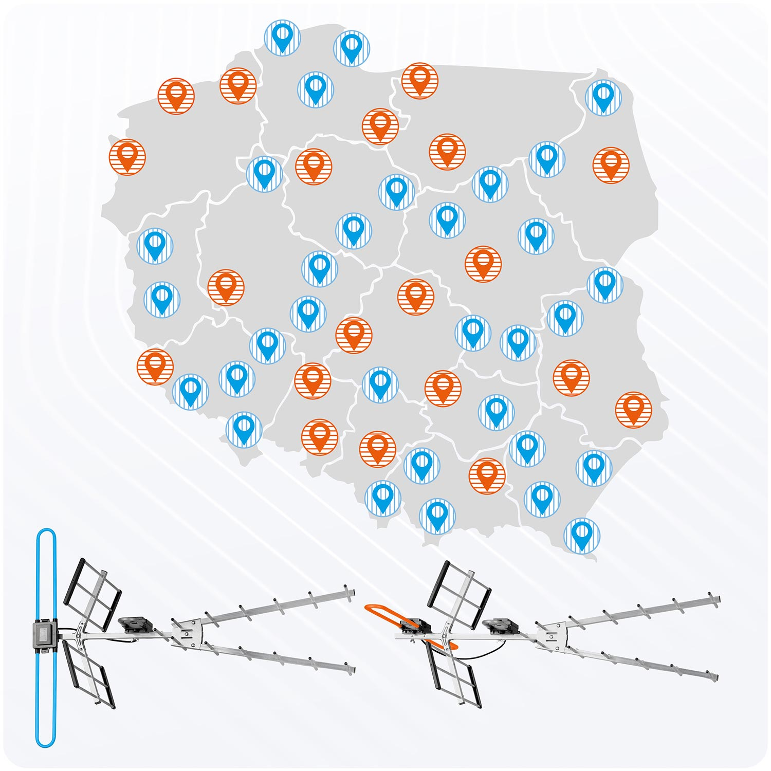 Mapa Polski ze znacznikami lokalizacji oraz obrazami anten na dole.