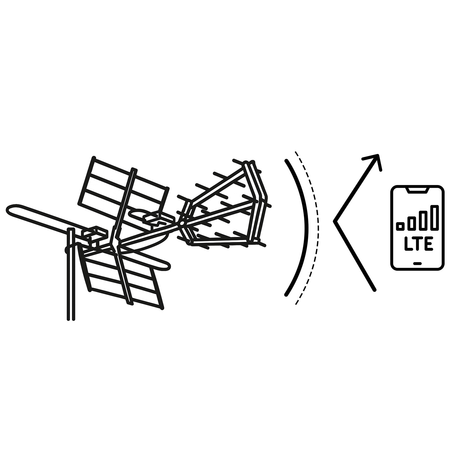 Schemat anteny z falami radiowymi i telefonem pokazującym sygnał LTE.