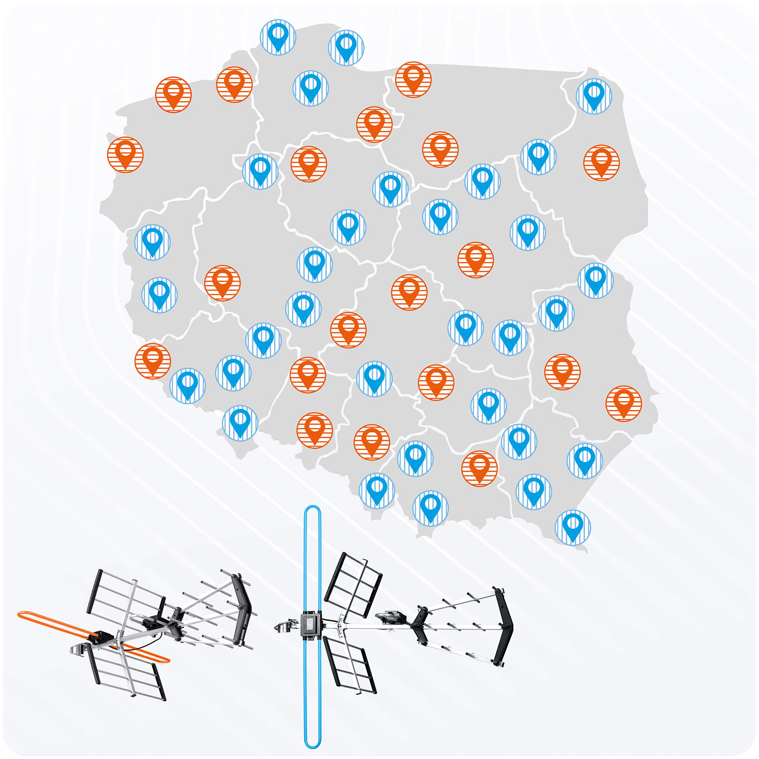Mapa Polski z ikonami pinezek. Dwa modele anten znajdują się na dole. Mapa jest szara z niebieskimi i pomarańczowymi pinezkami.