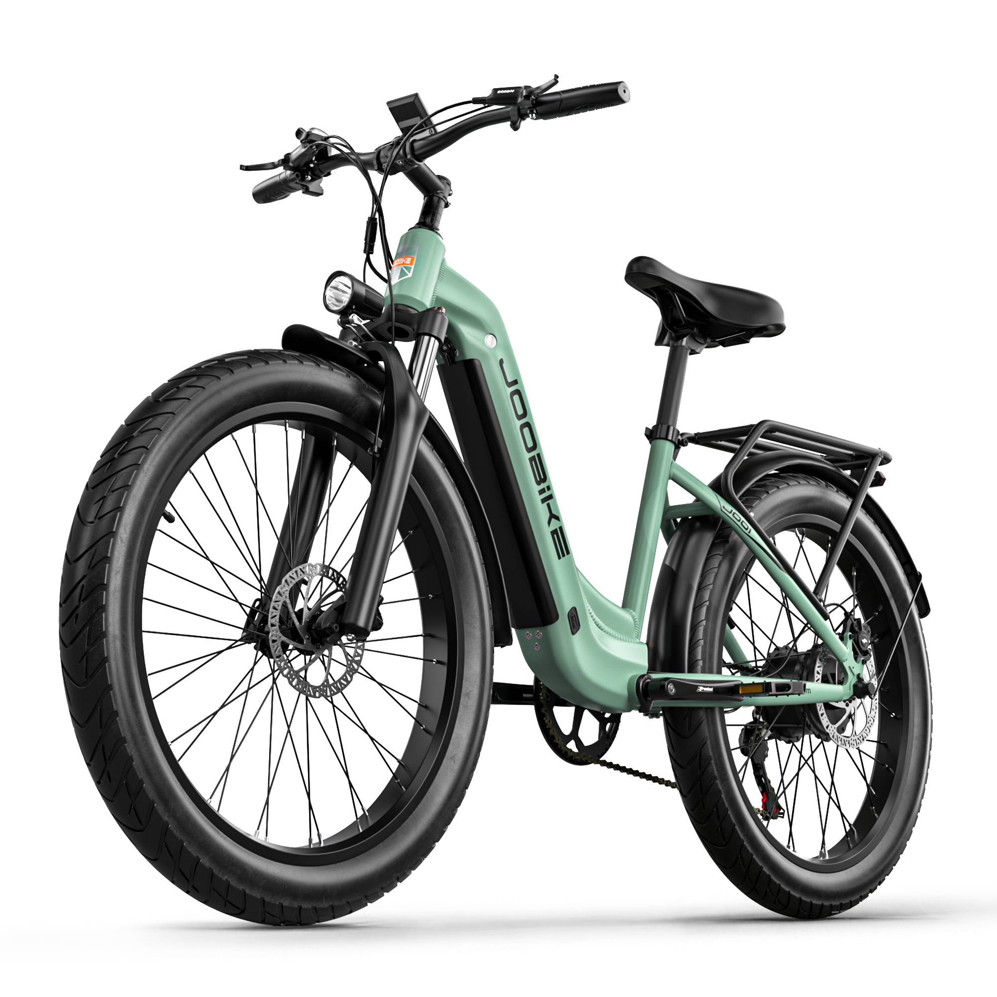 Miętowy rower elektryczny z czarnym siedzeniem, bagażnikiem i dużymi oponami.