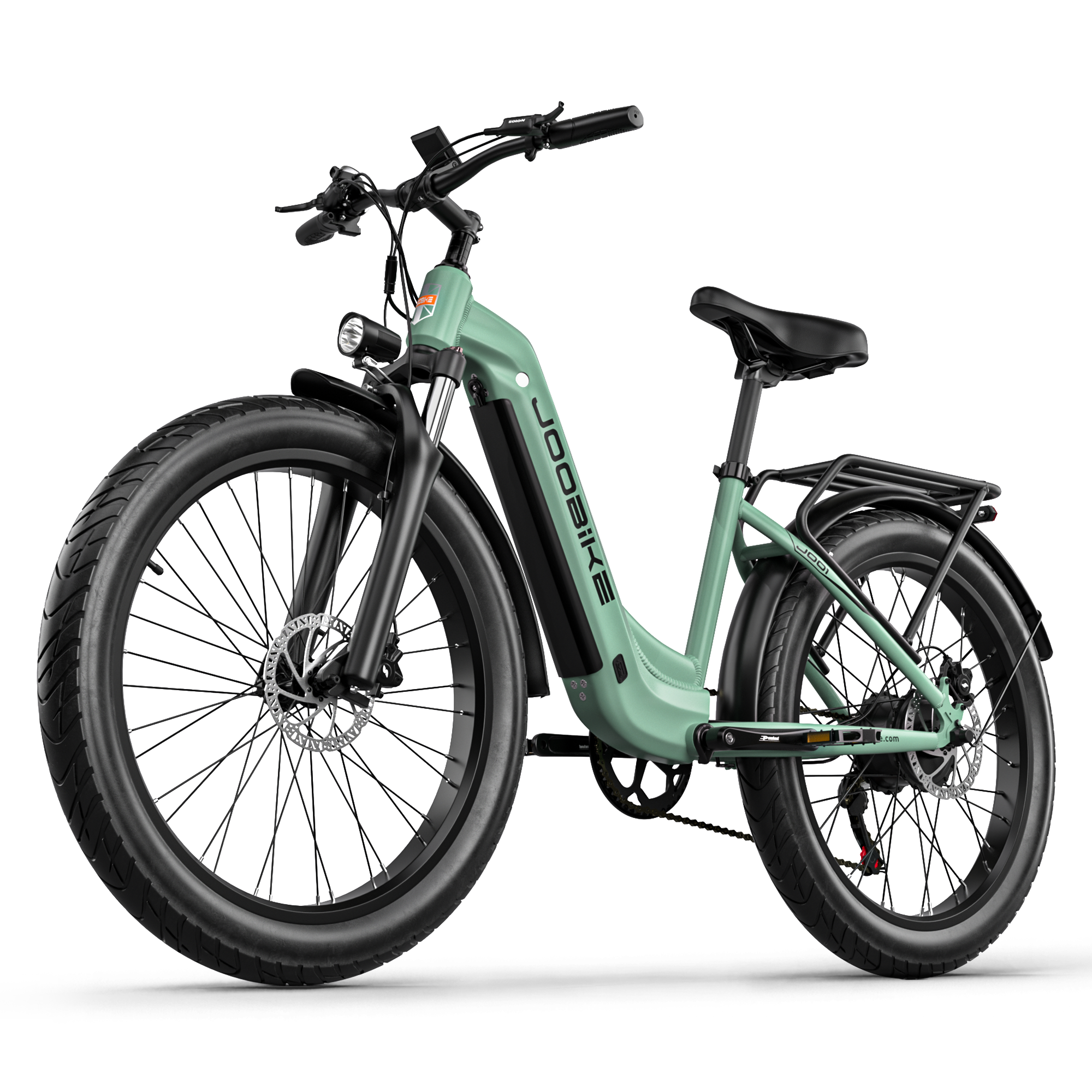 Miętowy rower elektryczny z czarnym siedzeniem, bagażnikiem i dużymi oponami.