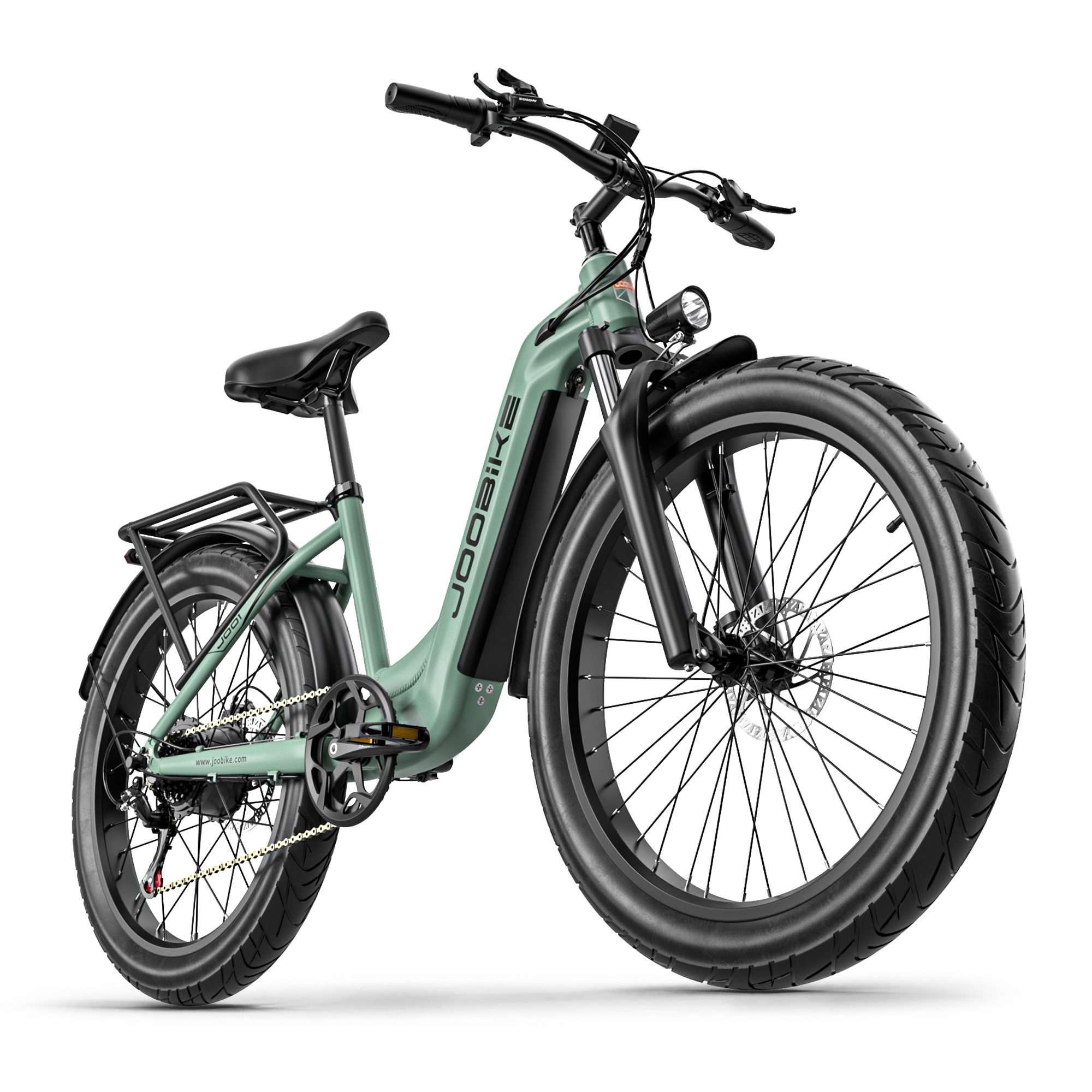 Rower elektryczny z zieloną ramą. Ma czarne opony i bagażnik z tyłu.
