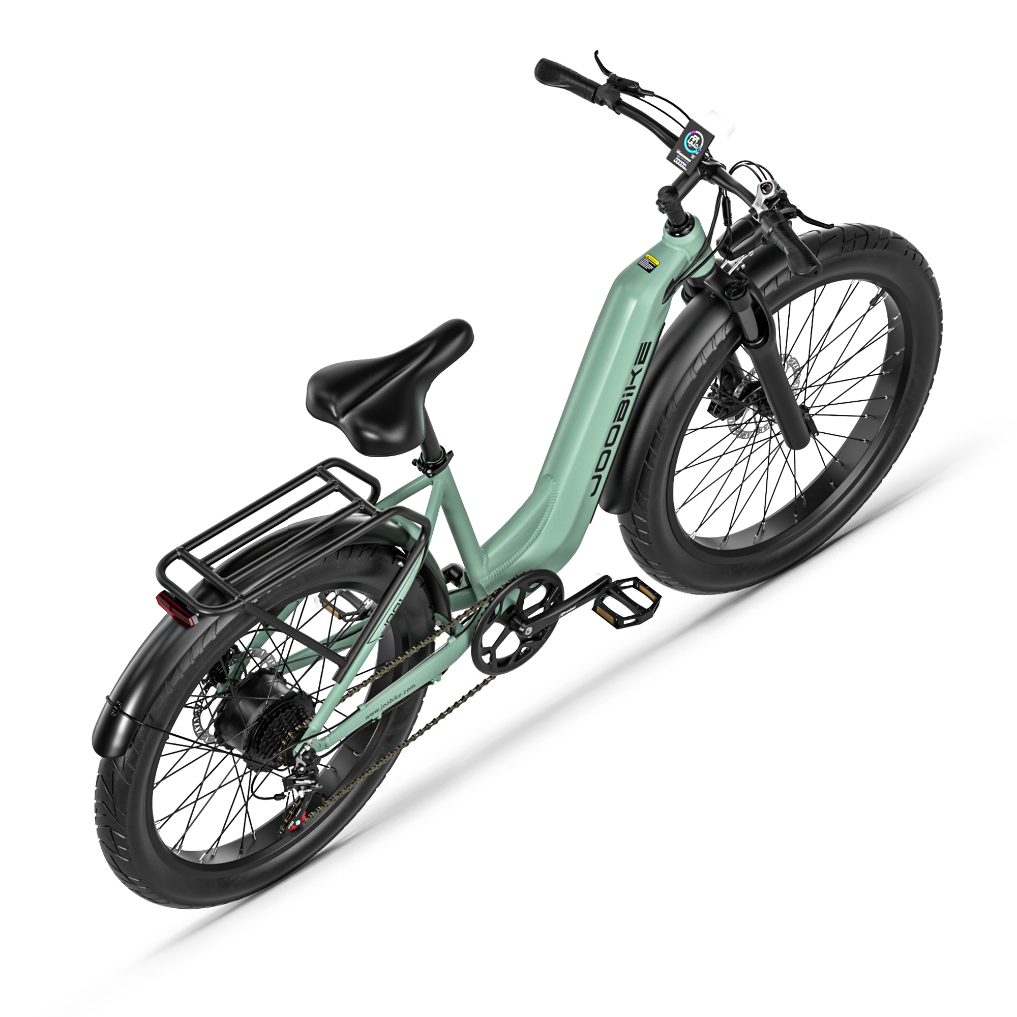 Zielony rower elektryczny widoczny z góry i z boku. Czarne opony i siedzenie, z bagażnikiem.