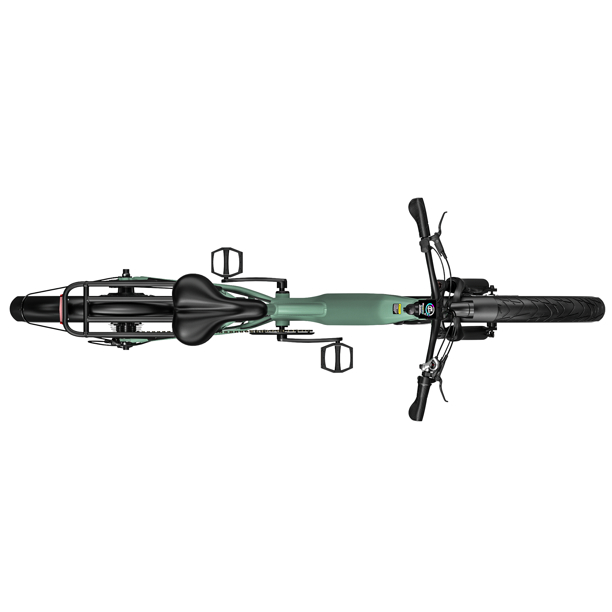 Widok z góry na miętowy rower elektryczny z czarnym siedzeniem, bagażnikiem i dużymi oponami.