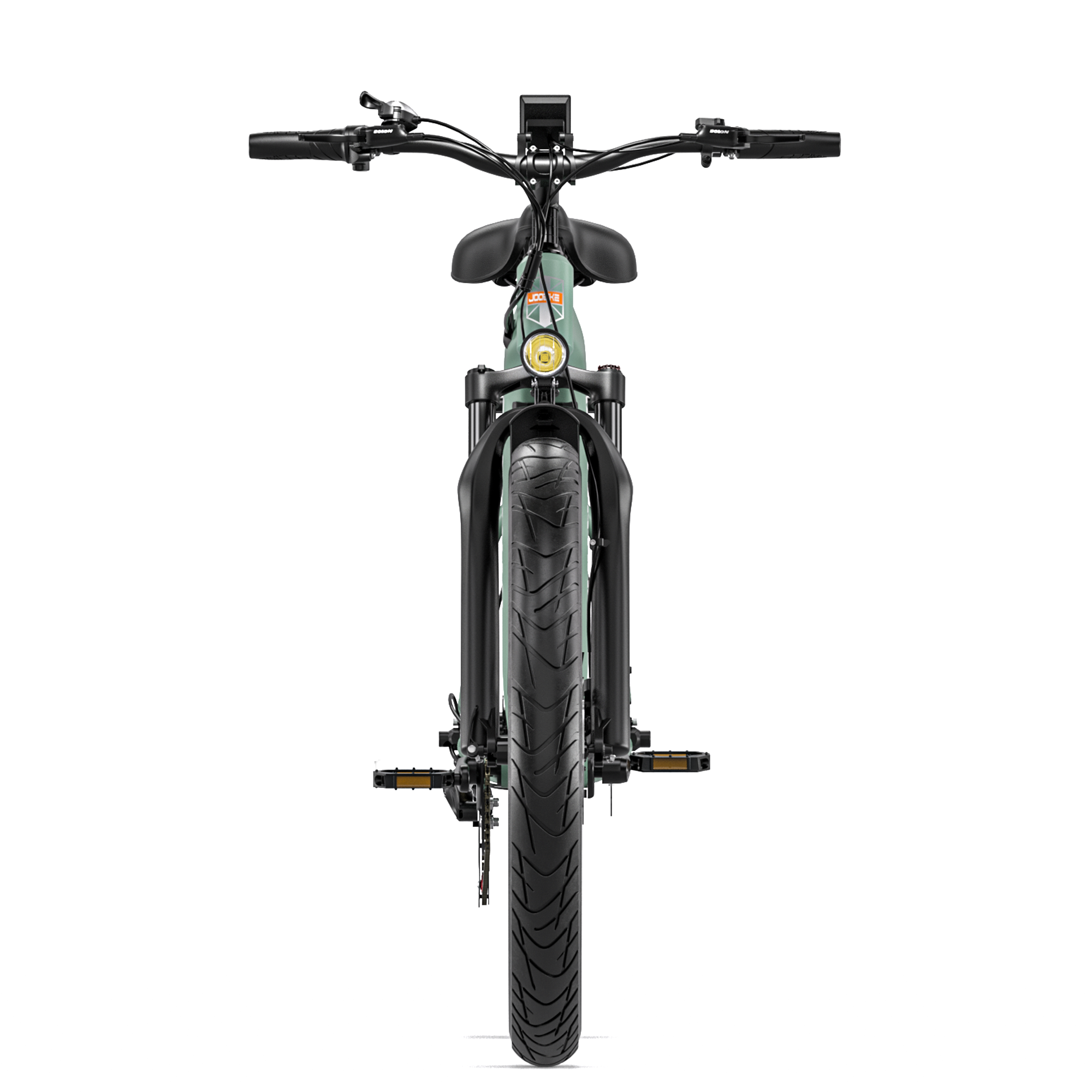 Widok z przodu zielonego roweru elektrycznego. Czarne opony i reflektor. Widoczne kierownice.