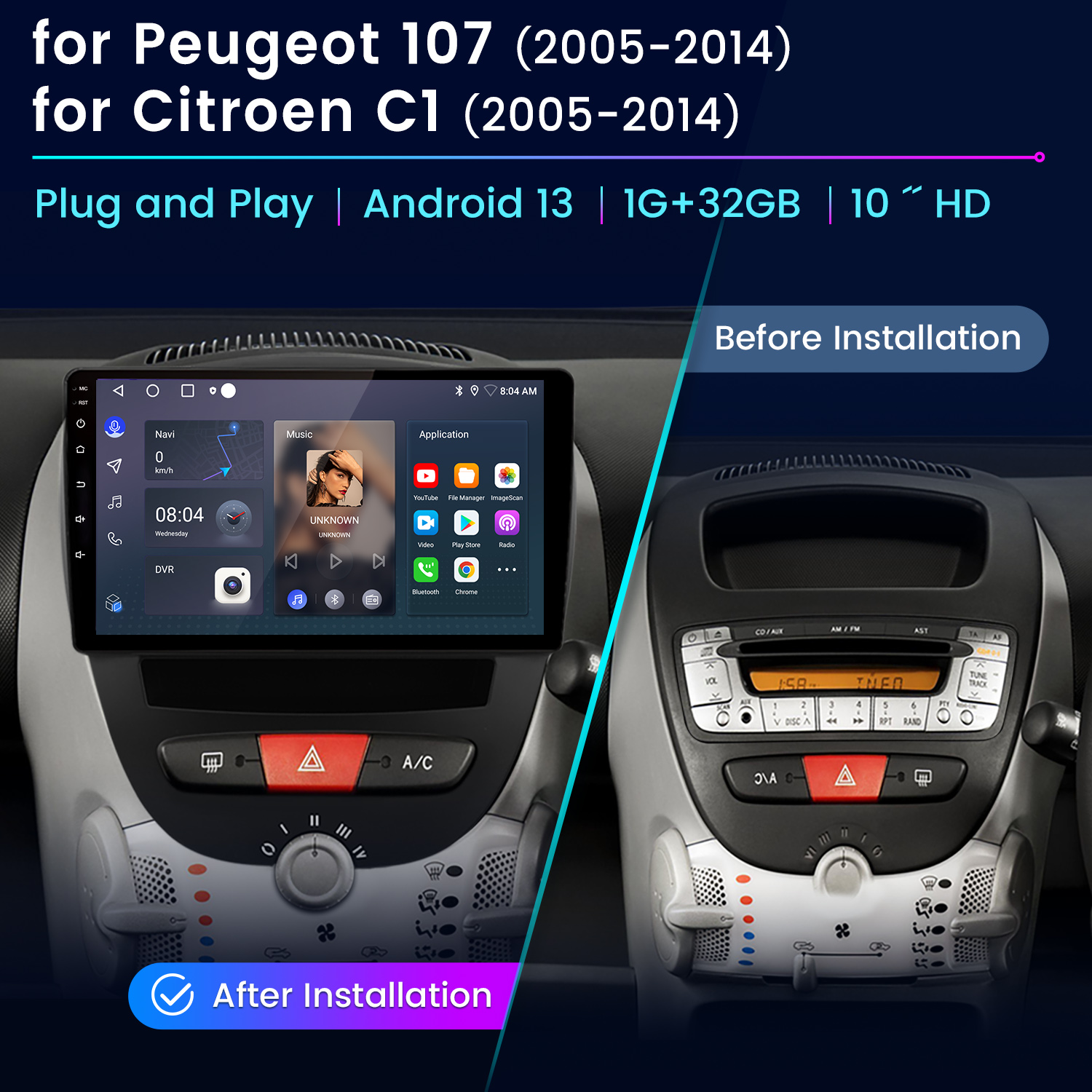 Dwie deski rozdzielcze samochodu, jedna przed i jedna po instalacji systemu Android.