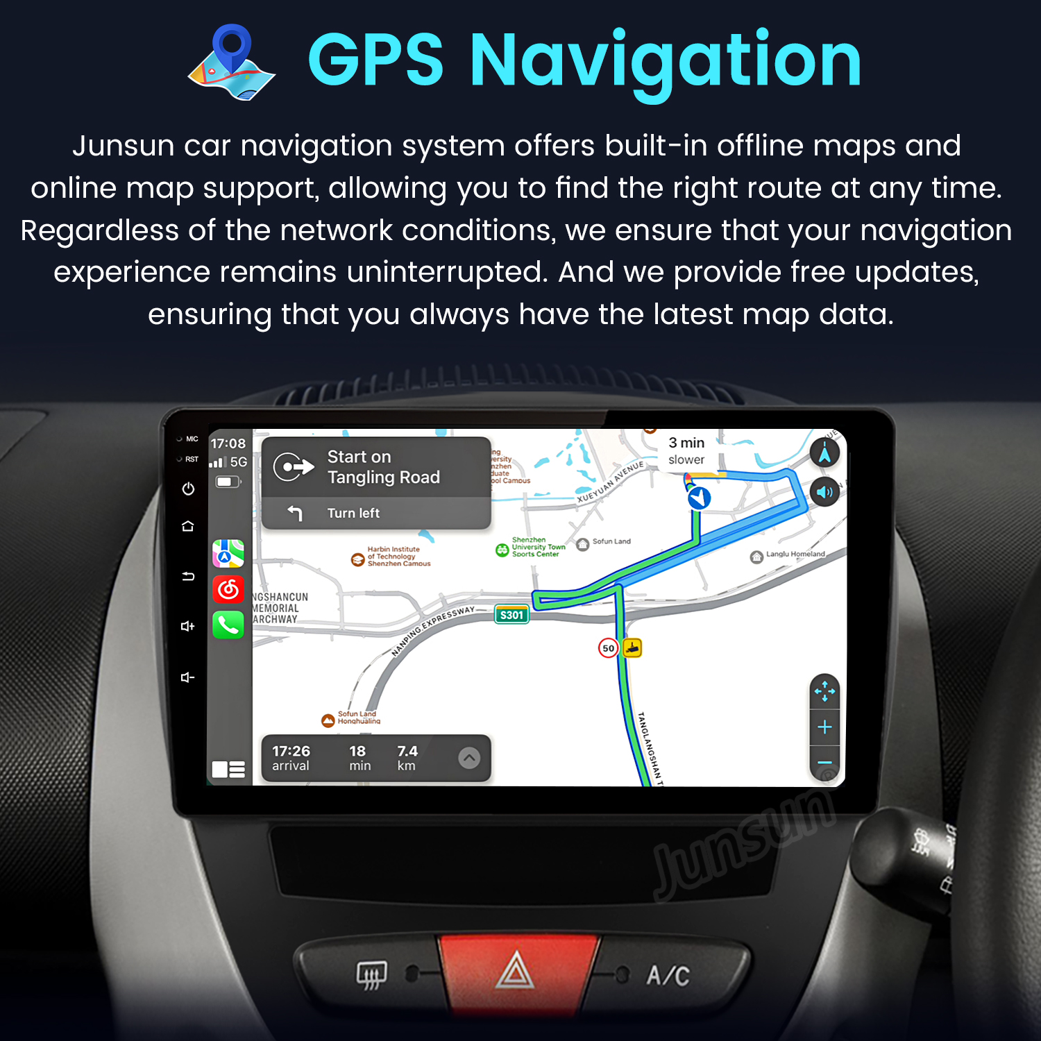 System nawigacji samochodowej na desce rozdzielczej, wyświetlający mapę i instrukcje nawigacyjne.