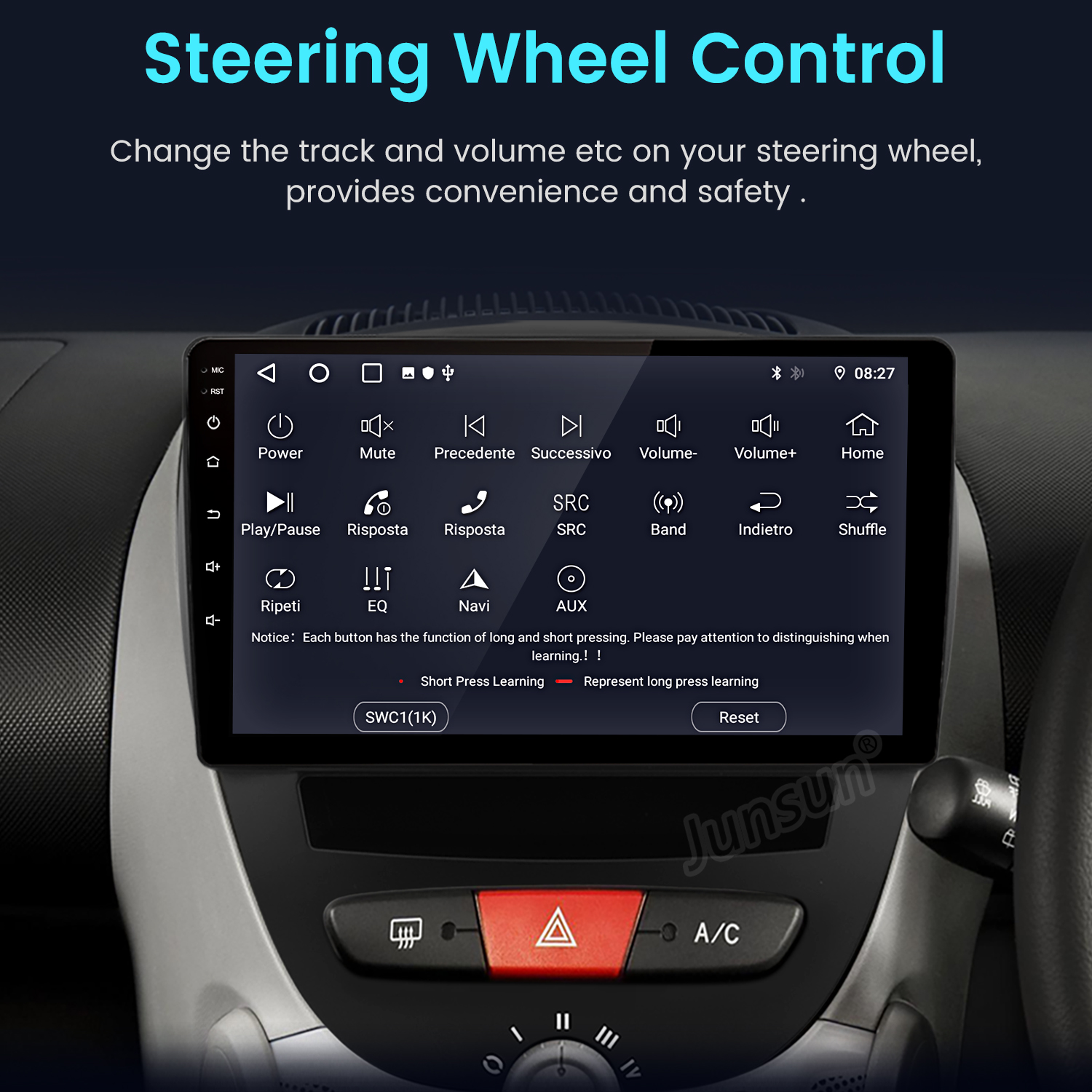 Deska rozdzielcza samochodu z ekranem wyświetlającym ustawienia. Ekran ma różne przyciski sterowania.