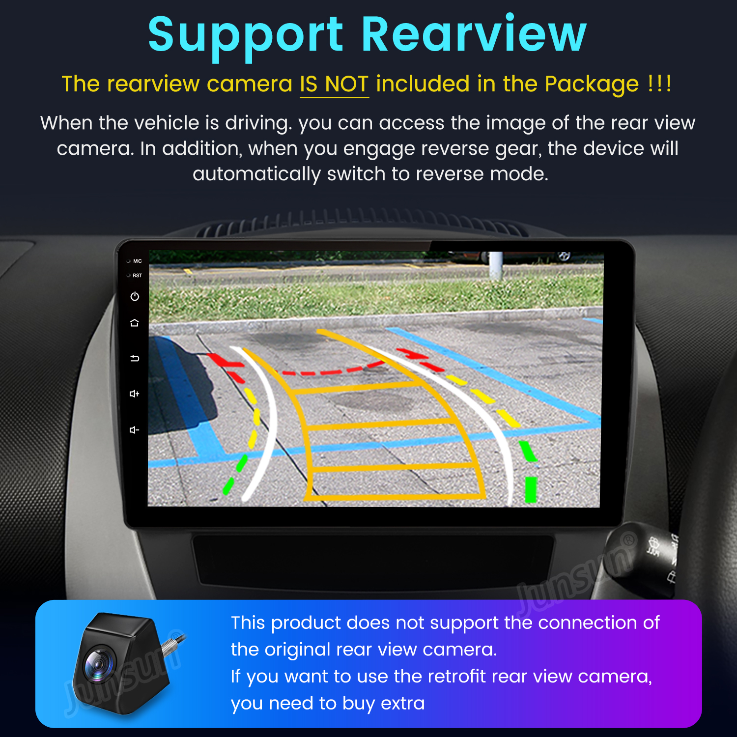 Deska rozdzielcza samochodu wyświetla ekran z widokiem parkowania. Tekst mówi, że kamera cofania nie jest dołączona.