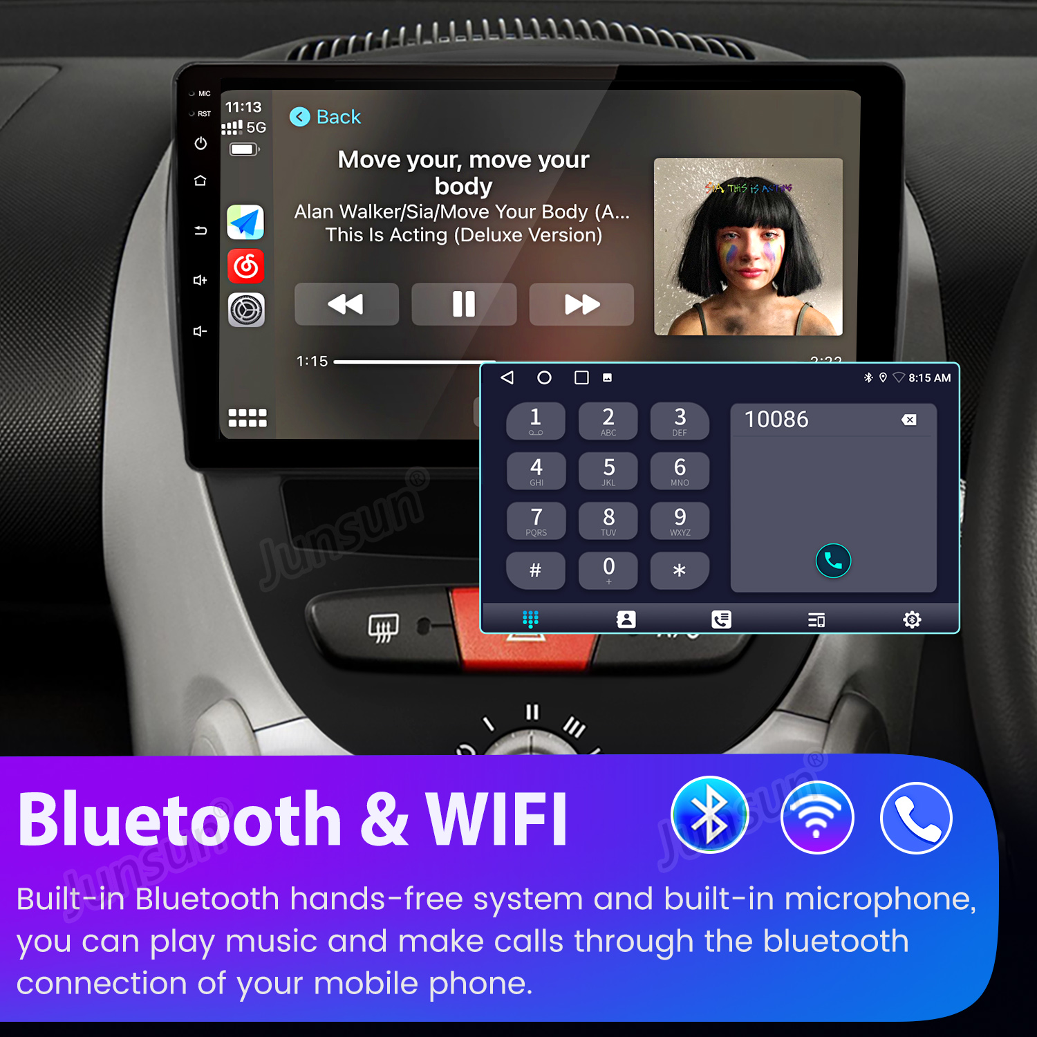 Deska rozdzielcza samochodu pokazująca interfejs nawigacji i telefonu. Ekran wyświetla telefon i muzykę.
