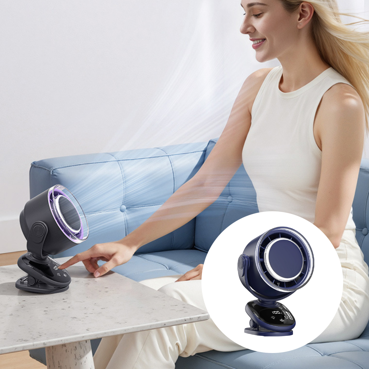 Eine Frau berührt einen blauen Ventilator. Der Ventilator hat eine Digitalanzeige. Ein weiteres Lüfterbild ist in der Ecke.