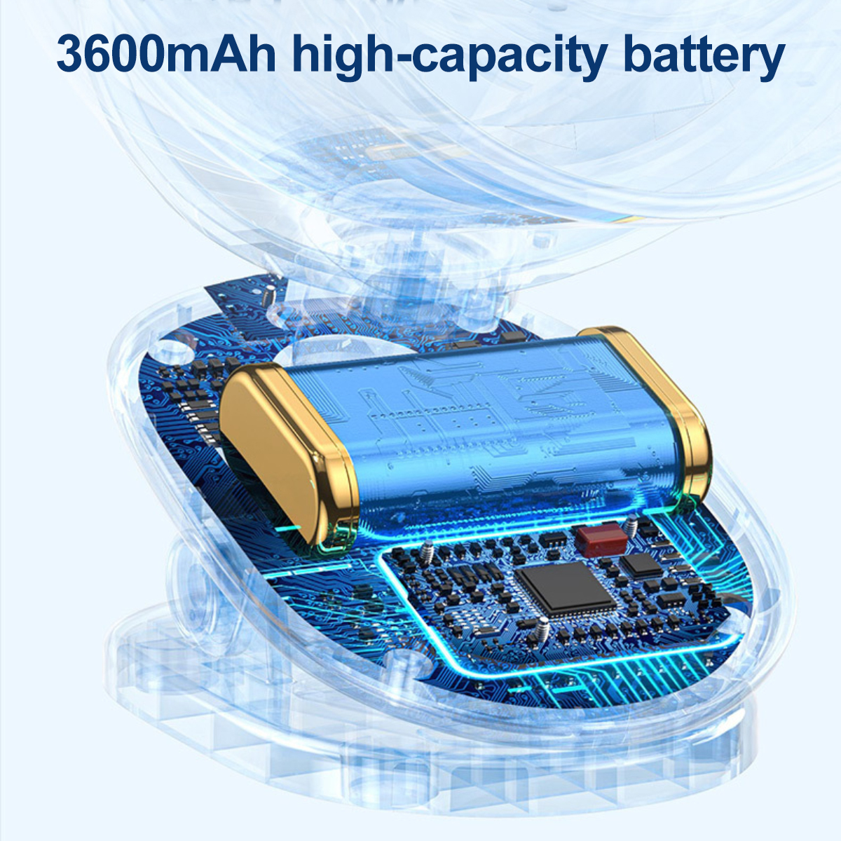 Nahaufnahme einer Hochleistungsbatterie mit goldfarbenem Gehäuse, blauem Innenraum und Leiterplattendetails.