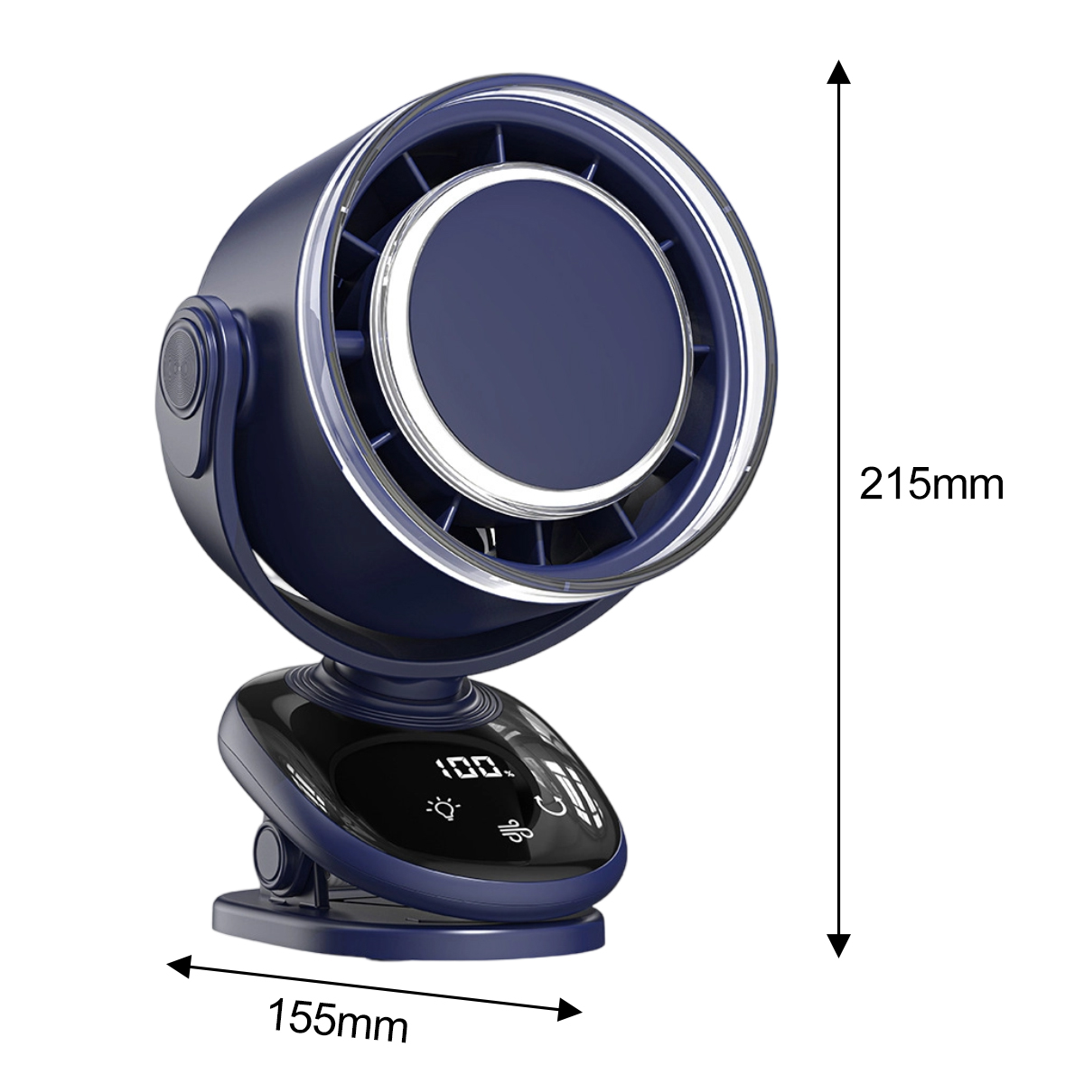Ein marineblauer Ventilator mit angegebenen Abmessungen. Er hat ein kreisförmiges Design mit digitaler Anzeige.