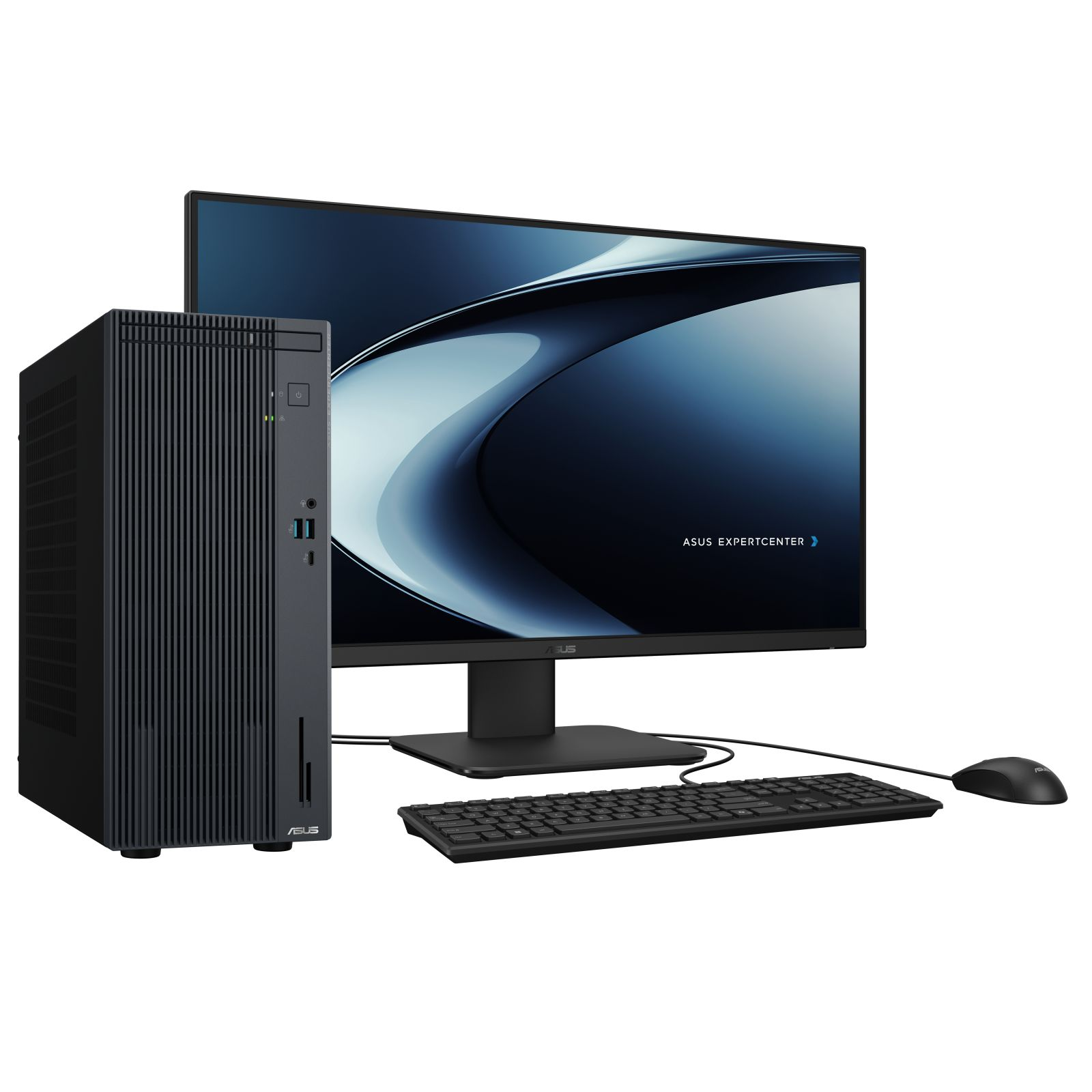 Konfiguracja komputera z czarnym komputerem stacjonarnym, monitorem, klawiaturą i myszą. Marka to ASUS.