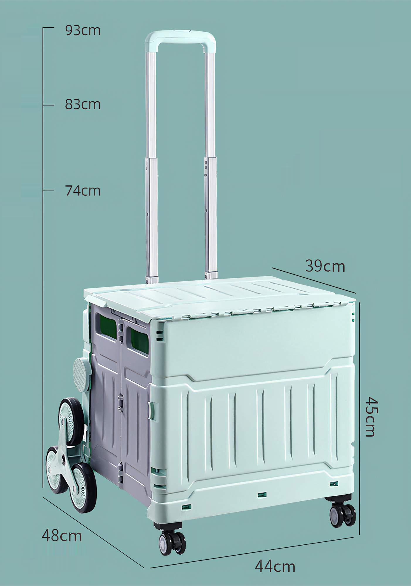 Ein blau-grauer, zusammenklappbarer Einkaufswagen mit Maßangaben in cm. Es ist ein zusammenklappbares Design.
