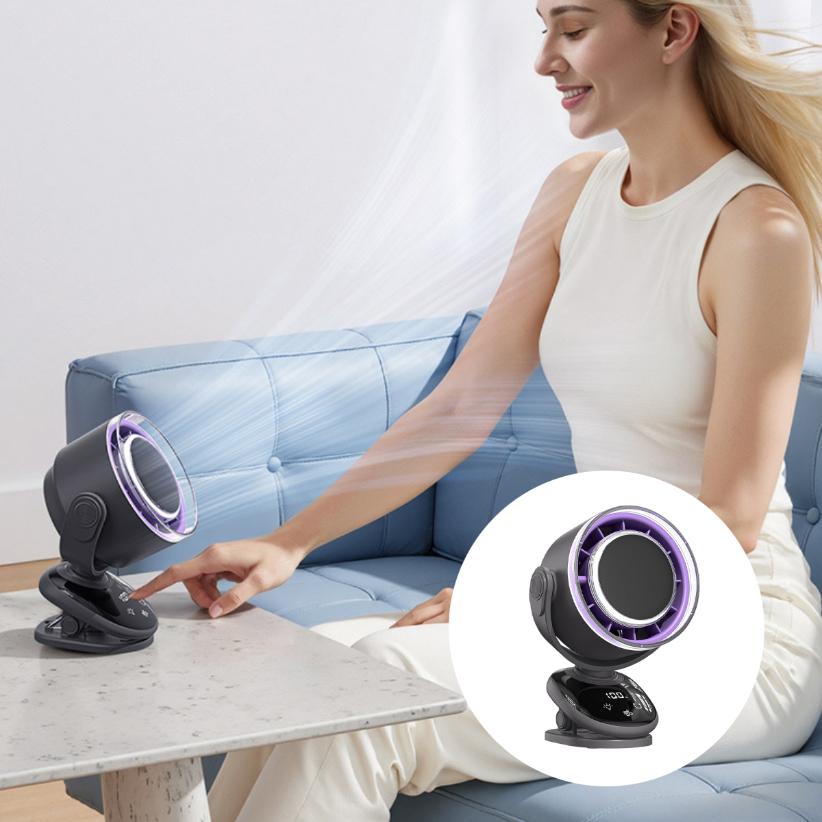 Eine Frau interagiert mit einem grauen Schreibtischventilator. Ein ähnlicher lila Ventilator im Hintergrund.