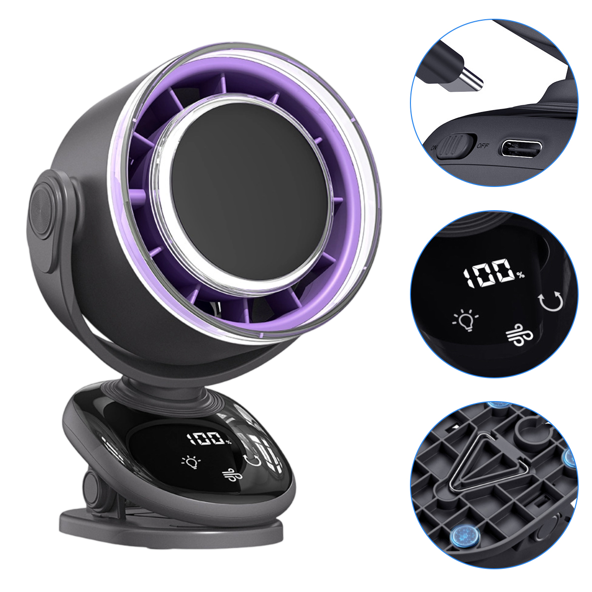 Ein schwarz-violetter Ventilator mit Digitalanzeige und ein paar Detailaufnahmen mit Funktionen.