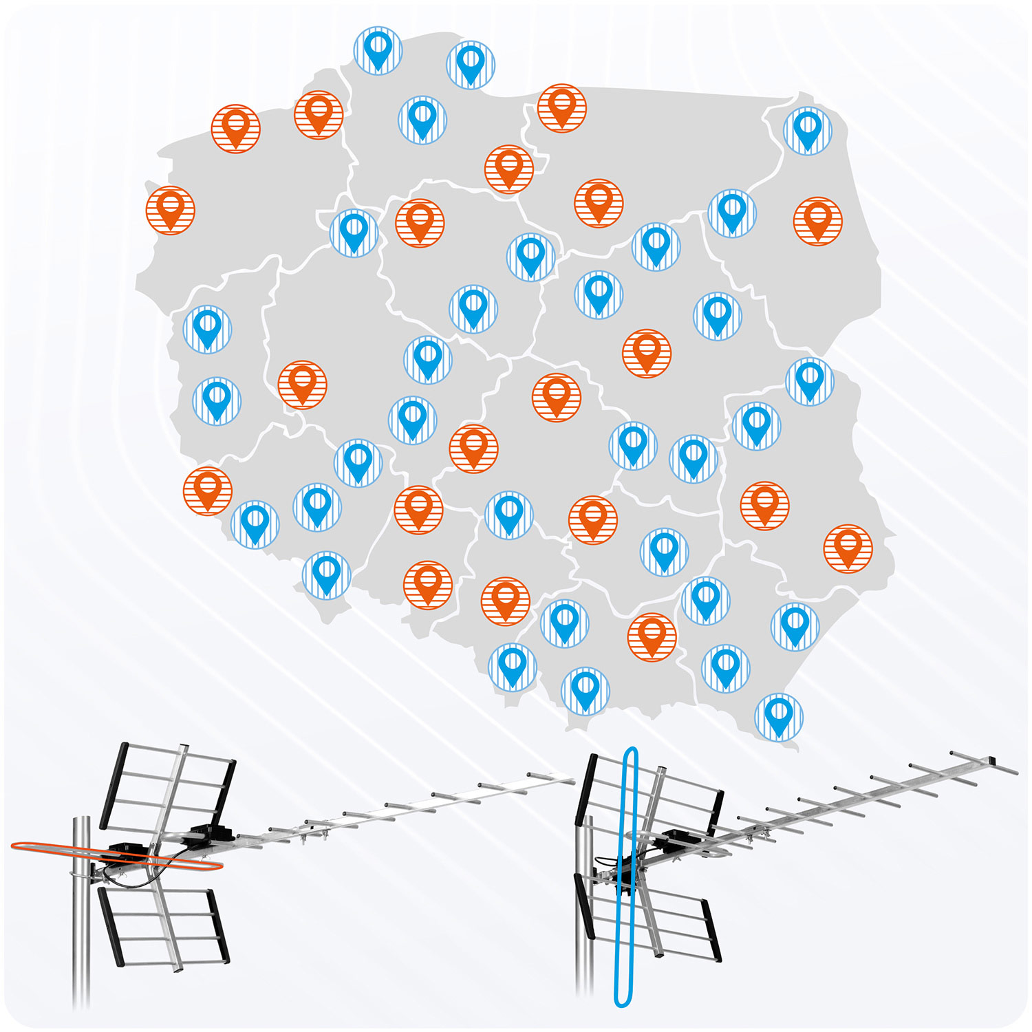 Mapa Polski z pomarańczowymi i niebieskimi ikonami pinezek oraz ilustracjami dwóch anten TV.