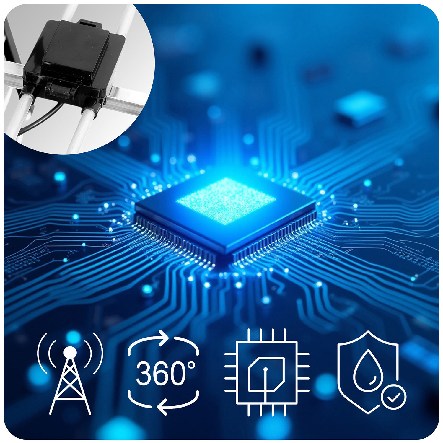 Zbliżenie płytki drukowanej z anteną i trzema ikonami na dole oraz powiększoną anteną.