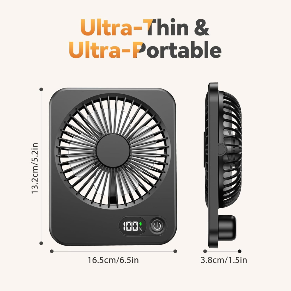 Ein kleiner schwarzer Ventilator mit Digitalanzeige. Der Ventilator wird von vorne und von der Seite gezeigt.
