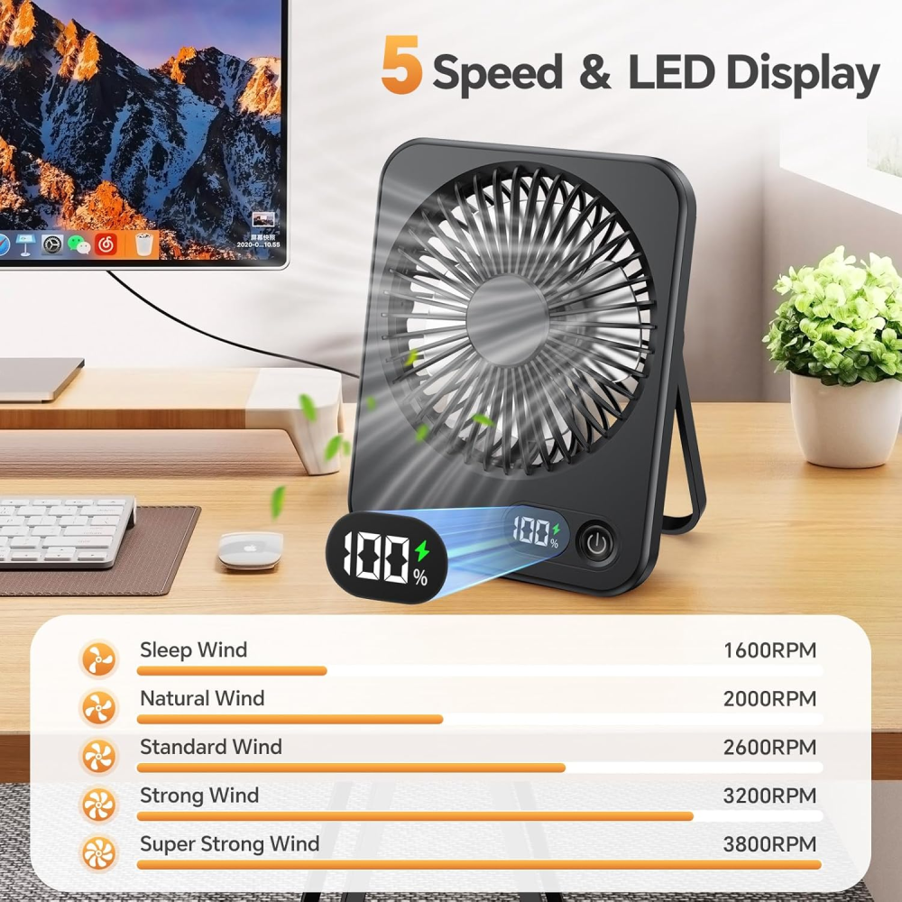 Ein schwarzer Ventilator mit Anzeige von 100% Leistung und einer Geschwindigkeitsdiagramm. Ein Tablet und eine Pflanze sind ebenfalls im Bild.