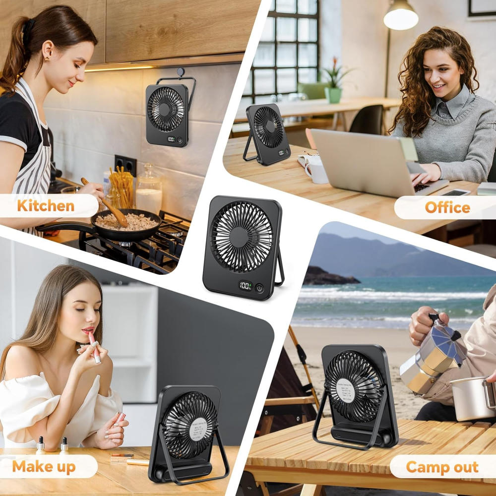 Collage von schwarzen Ventilatoren in verschiedenen Umgebungen: Küche, Büro, Make-up und Camping. Jede Szene zeigt den Ventilator.