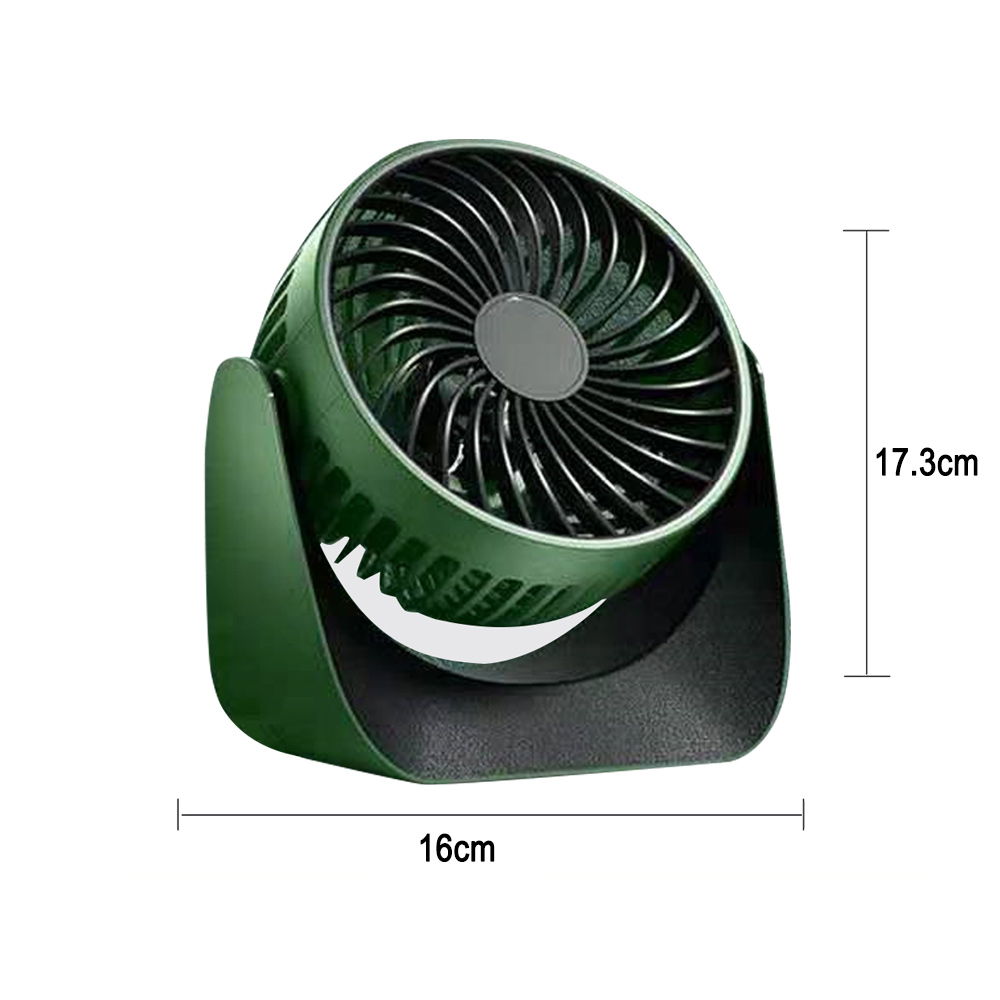 Grün-schwarzer Ventilator mit den Maßen 16cm x 17,3cm. Er steht vor weißem Hintergrund mit einer geraden Linie.