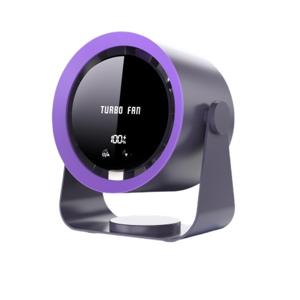 Ein dunkelgrauer Turbo-Ventilator mit lila Ring. Der Ventilator zeigt 'TURBO FAN' und 100% mit Knöpfen.