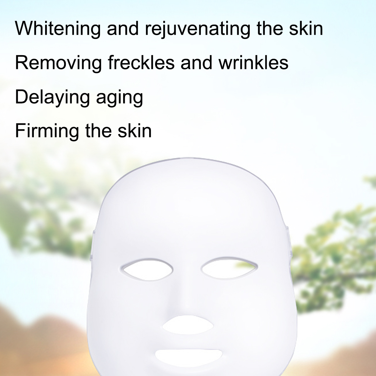 Eine weiße LED-Gesichtsmaske mit Augen-, Nasen- und Mundöffnungen. Text listet Vorteile wie Aufhellung und Straffung der Haut auf.