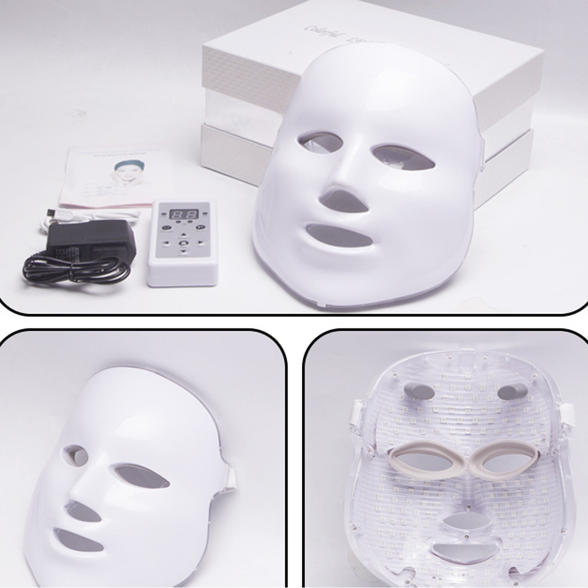 Mehrere Bilder, die eine weiße LED-Gesichtsmaske, eine Steuereinheit und Zubehör auf einer weißen Oberfläche zeigen.