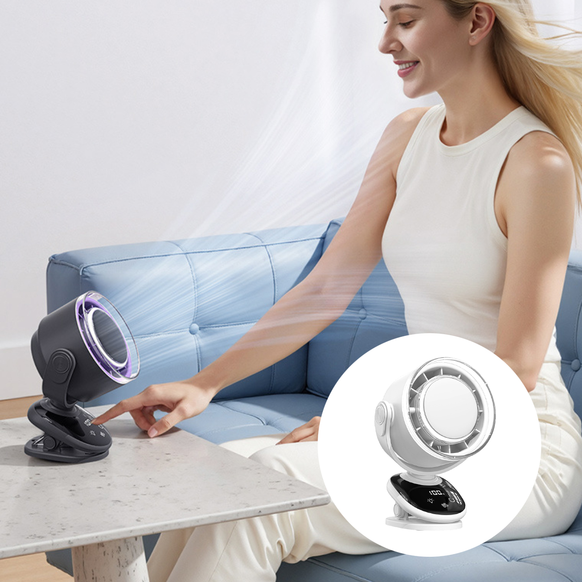 Eine Frau berührt einen weißen Ventilator. Es gibt ein kleineres Bild des Ventilators und eine blaue Couch. Der Ventilator hat eine Digitalanzeige.