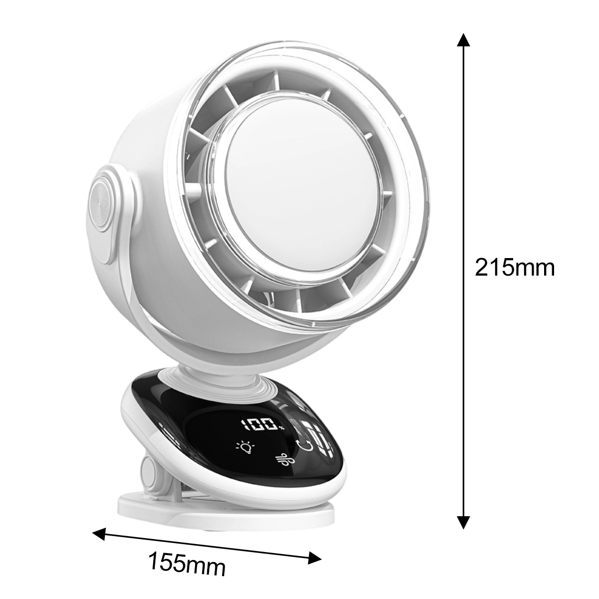 Ein weißer Ventilator mit beschrifteten Abmessungen. Der Ventilator ist 215 mm hoch und 155 mm breit. Der Ventilator hat eine Digitalanzeige.