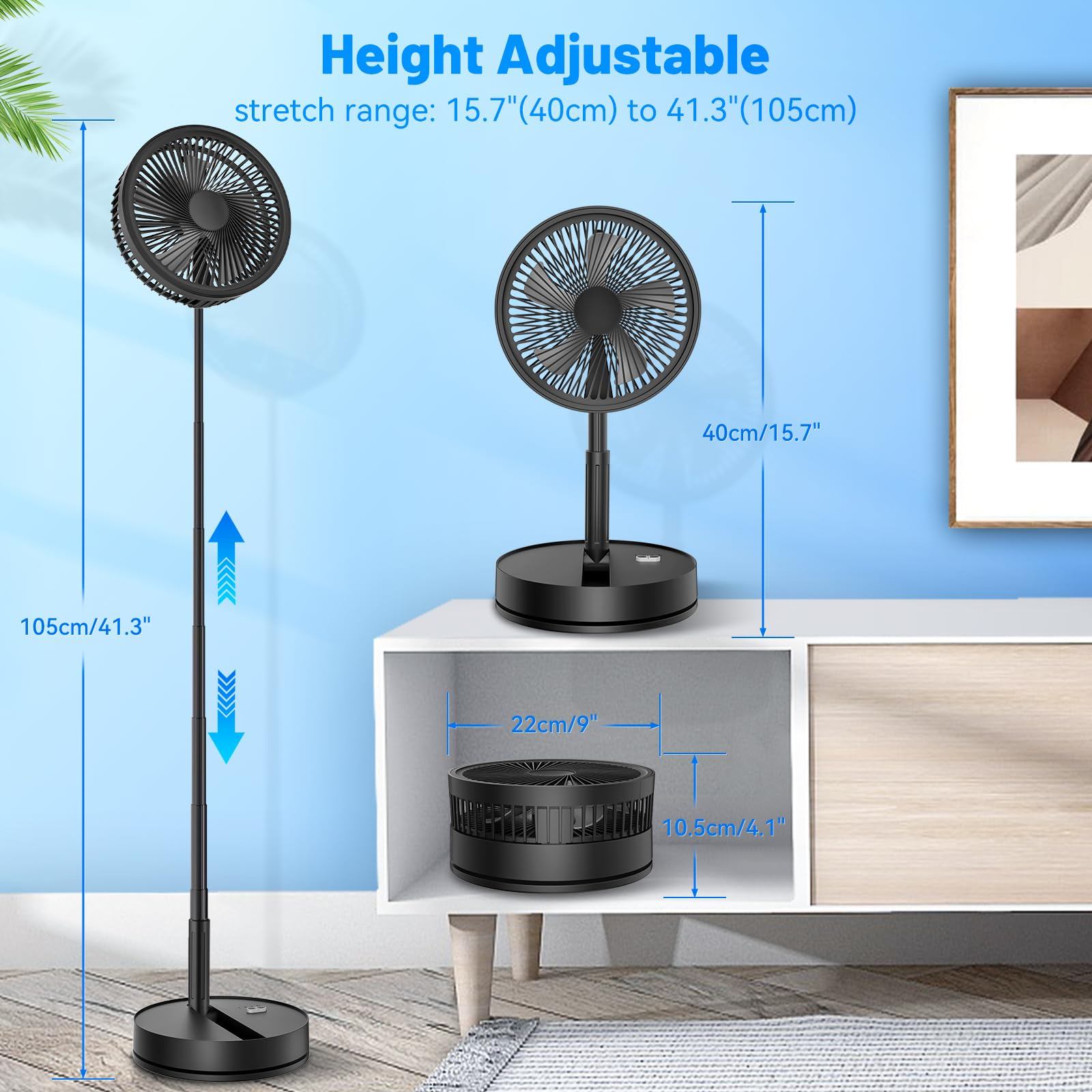 Ein höhenverstellbarer schwarzer Ventilator mit einem Ausdehnungsbereich von 15,7" bis 41,3".