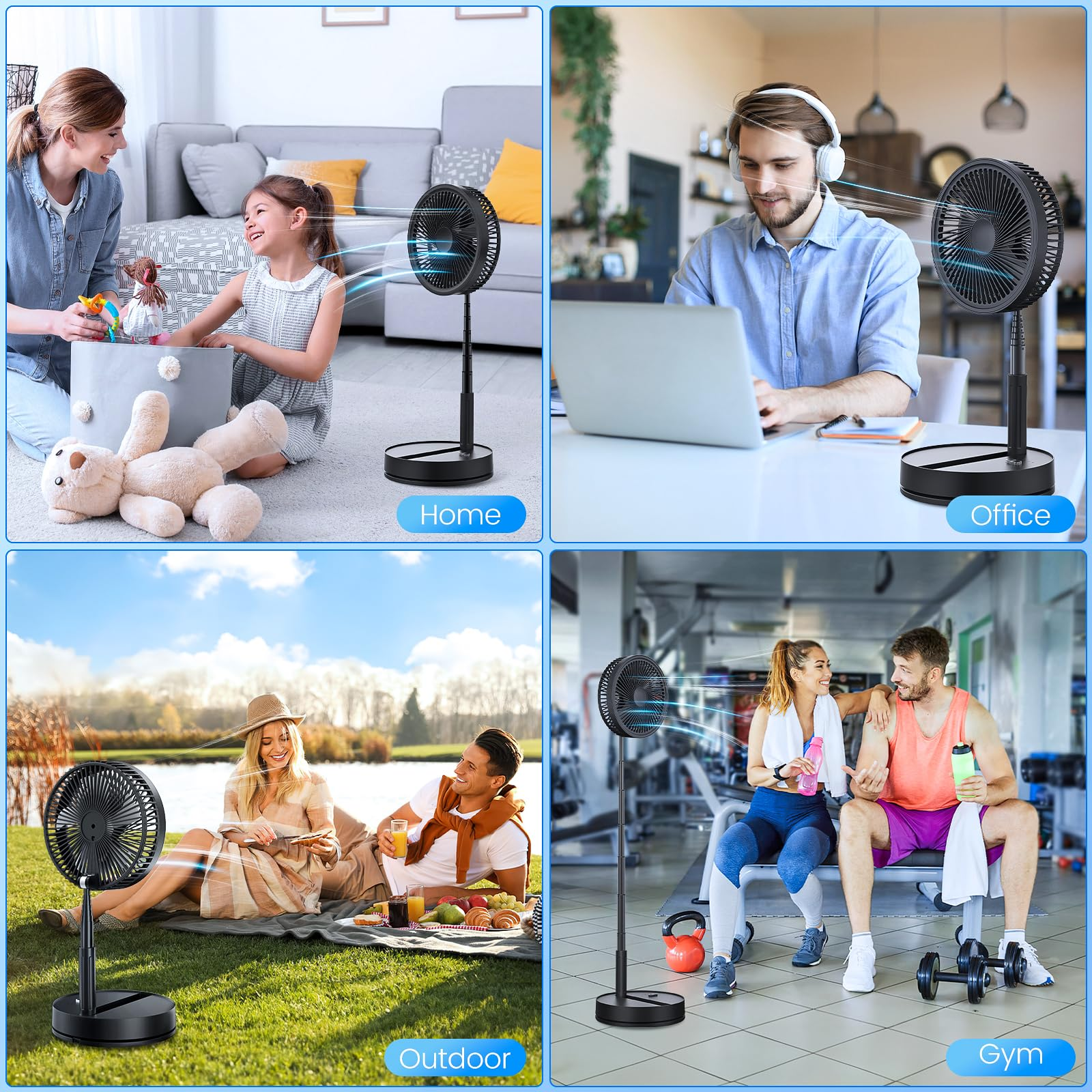 Vier Szenen, die einen schwarzen Ventilator in verschiedenen Umgebungen zeigen. Zuhause, Büro, draußen und Fitnessstudio. In jeder Szene sind Menschen.