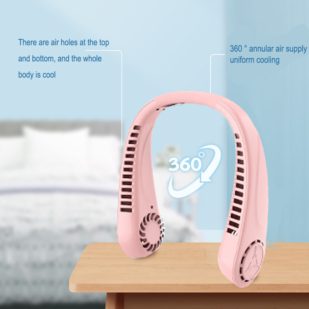Pinker Nackenventilator mit Luftlöchern auf einem Holztisch. Text beschreibt Kühlung.