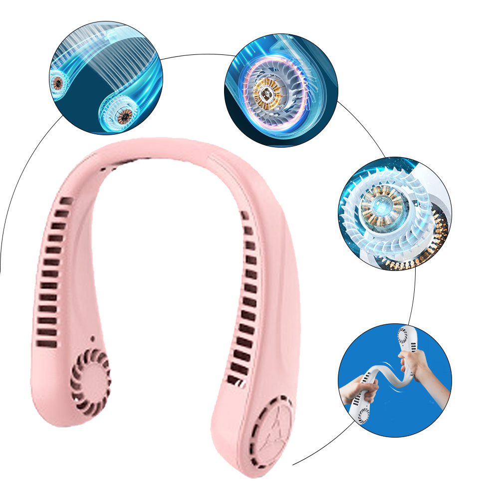 Pinker Nackenventilator mit Diagrammen, die den Luftstrom und die inneren Komponenten zeigen. Blauer Hintergrund.
