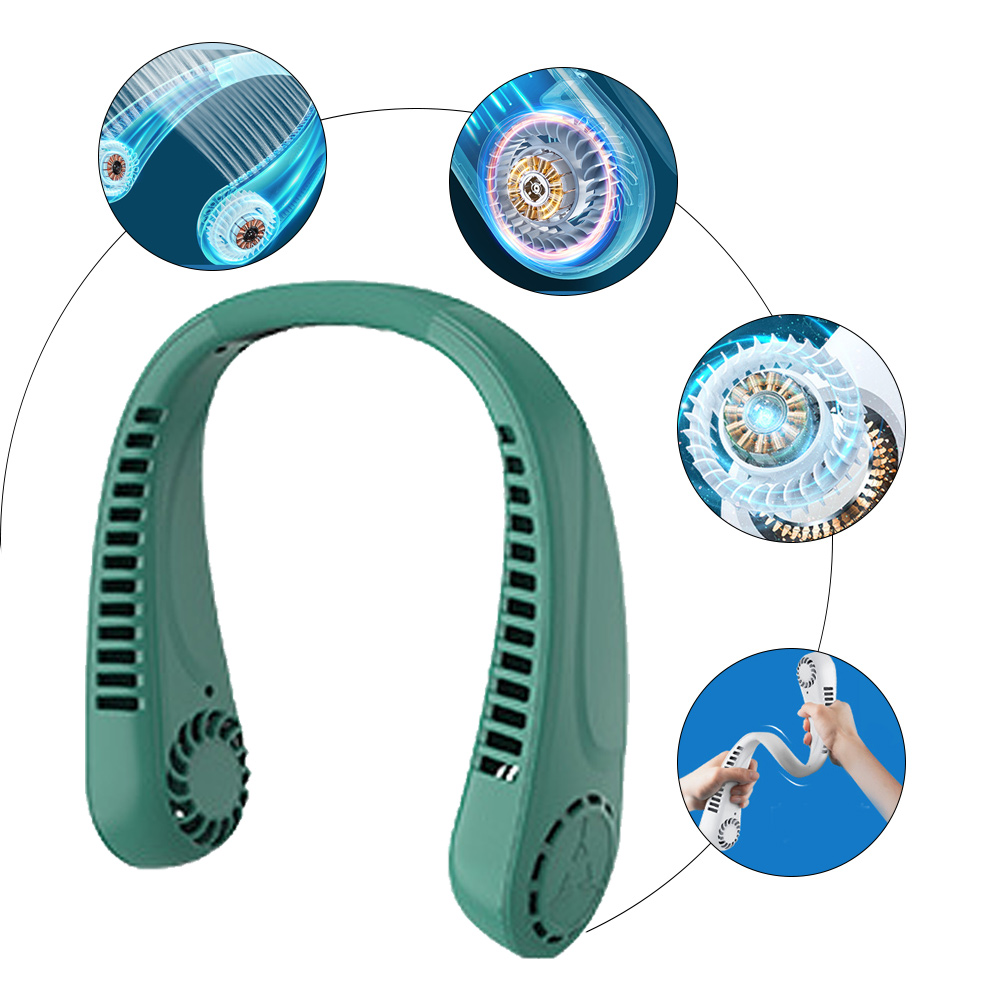 Grüner Nackenventilator mit Diagrammen, die den Luftstrom und die inneren Komponenten zeigen. Blauer Hintergrund.
