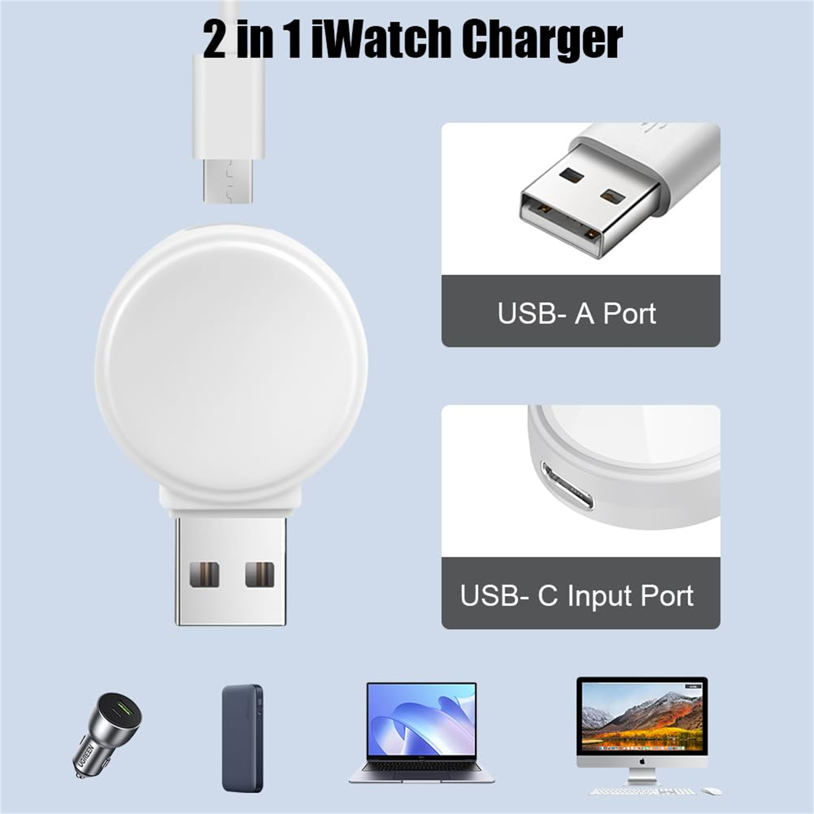 Weisse Ladestation für eine Smartwatch mit USB-Anschlüssen und einem Autoladegerät. Weißer Hintergrund.